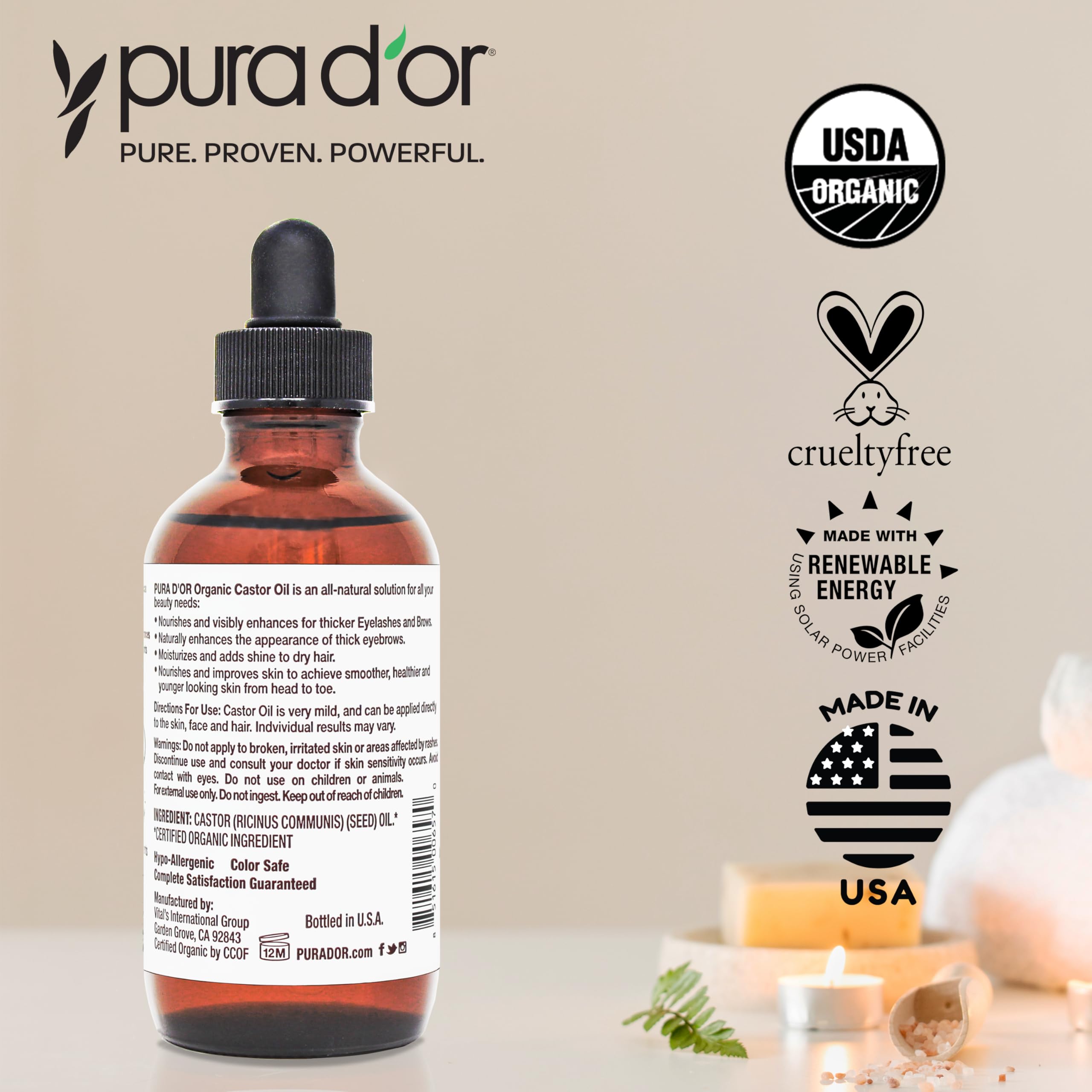 PURA D'OR Aceite de ricino para uso diario, parte de una rutina de cuidado.