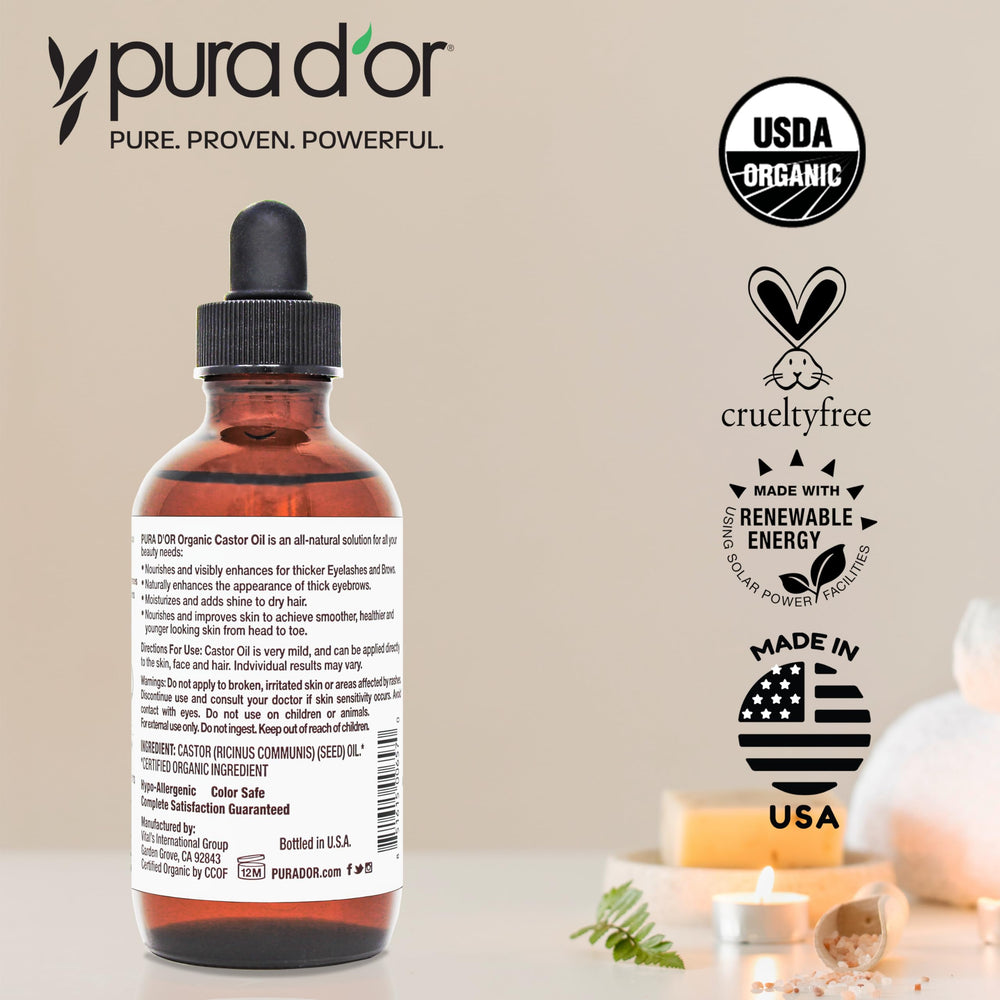 PURA D'OR Aceite de ricino para uso diario, parte de una rutina de cuidado.
