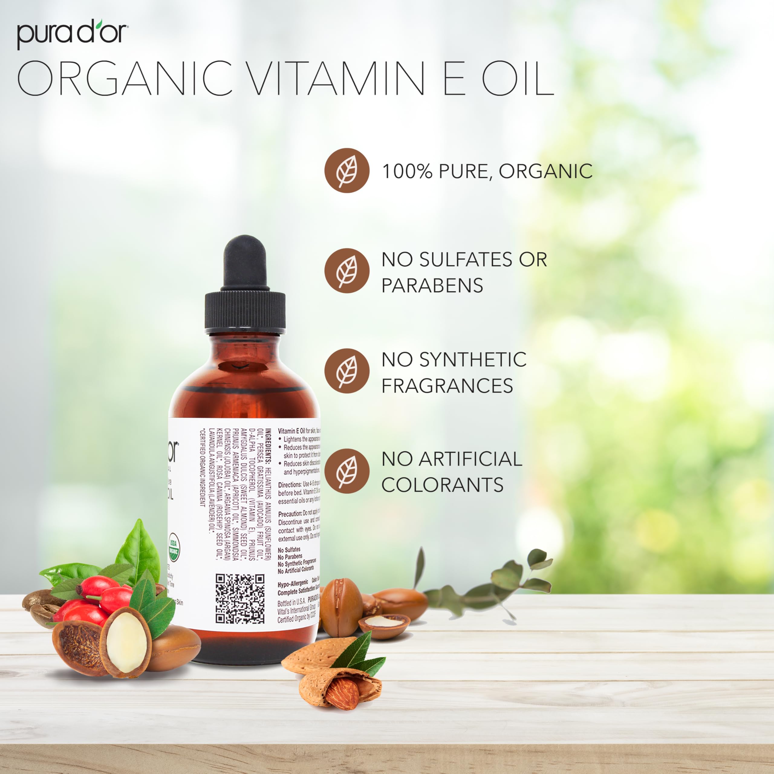 PURA D'OR Aceite Vitamina E, absorción rápida sin grasa tras la aplicación