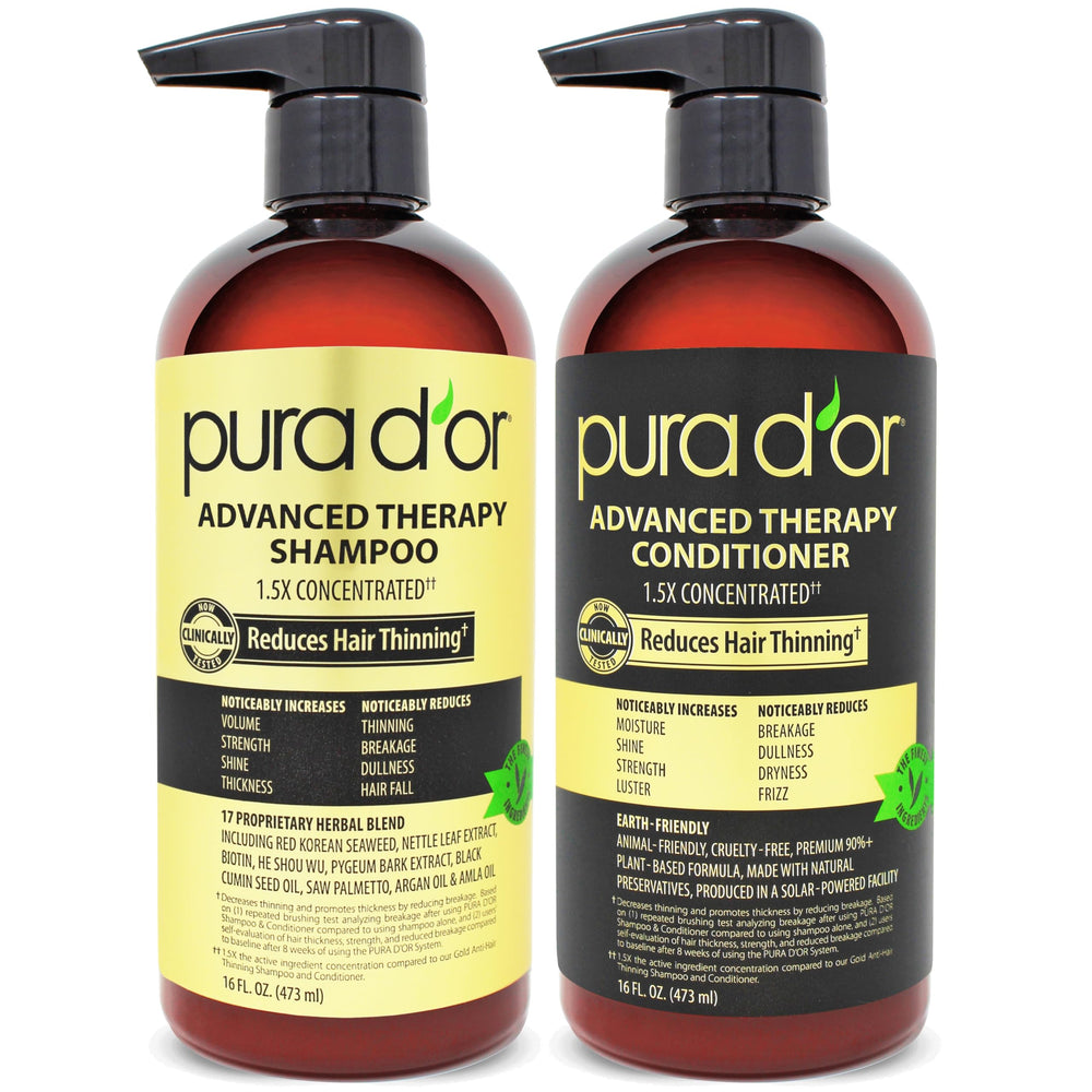PURA D'OR Advanced Therapy champú, botella frontal, promueve cabello más fuerte desde la raíz.