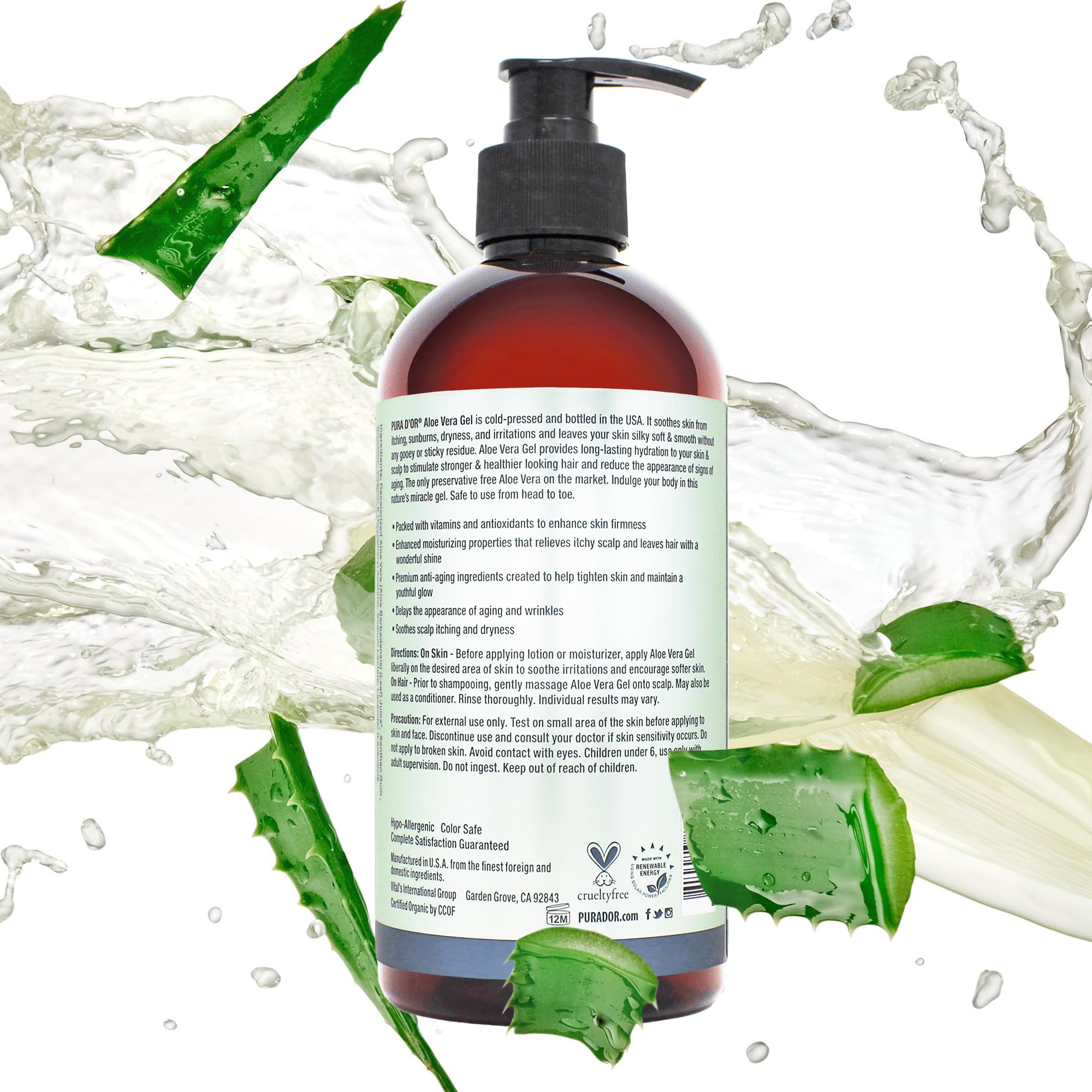 PURA D'OR Aloe Vera Gel, alivio rápido tras exposición solar o insectos.