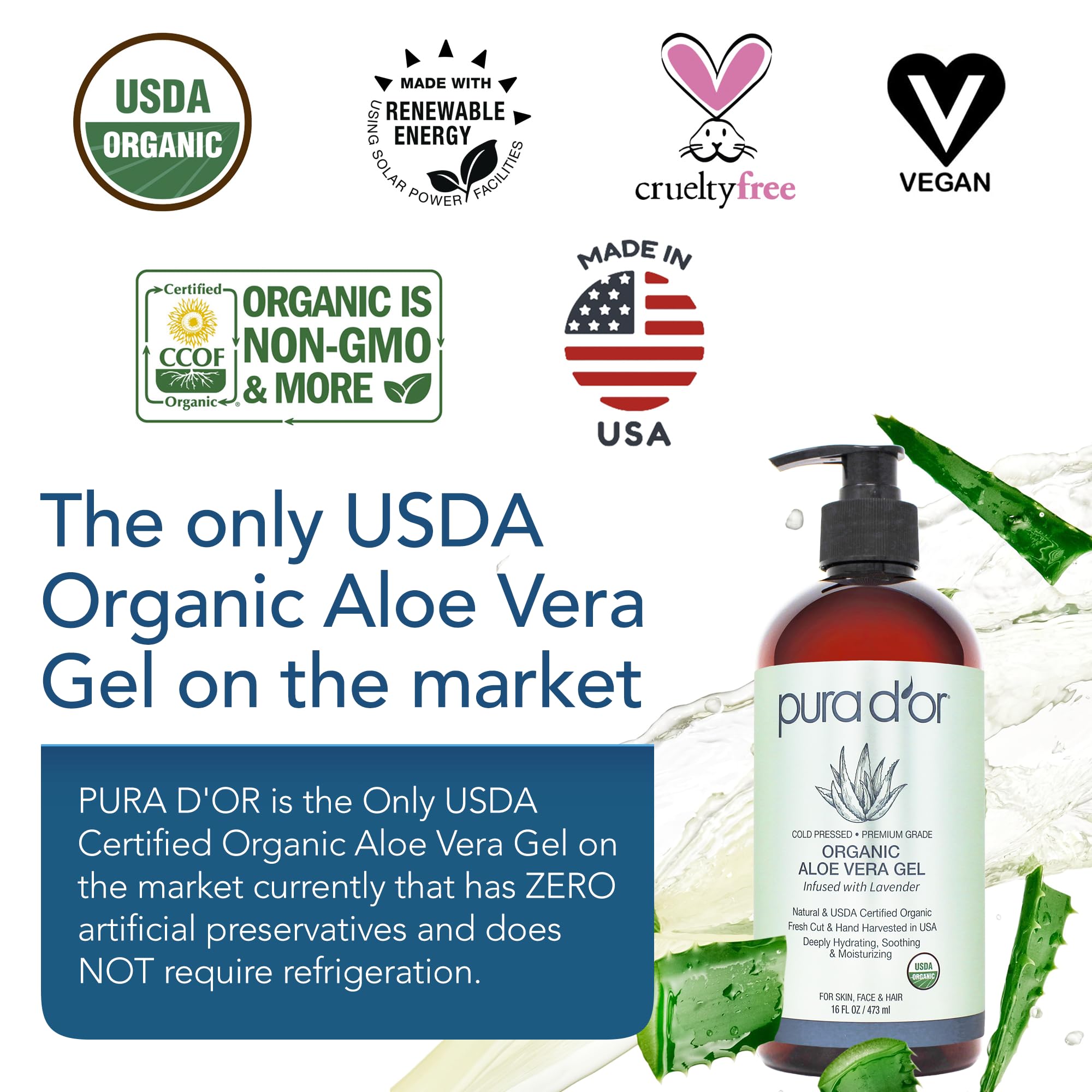 PURA D'OR Aloe Vera Gel, textura cremosa para cabello suave y brillo.