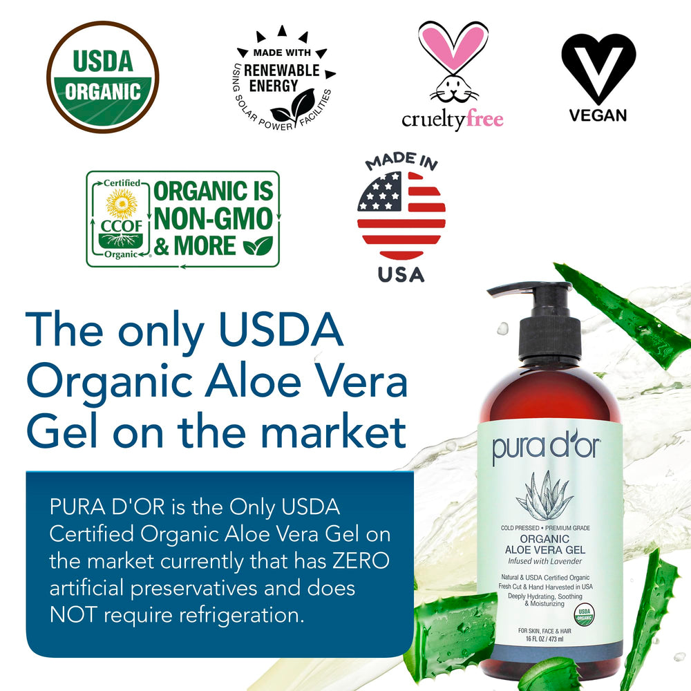 PURA D'OR Aloe Vera Gel, textura cremosa para cabello suave y brillo.
