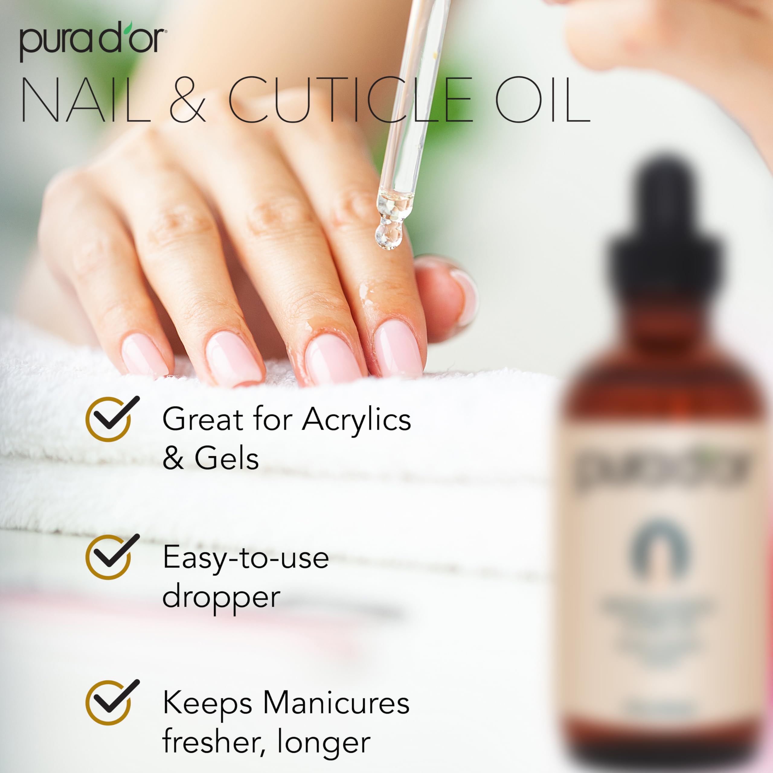 PURA D'OR Aceite de uñas con gotero para aplicación diaria, hidrata cutículas y uñas.