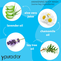 PURA D'OR Awakening ingredients close-up highlights lavender and tea tree oils.