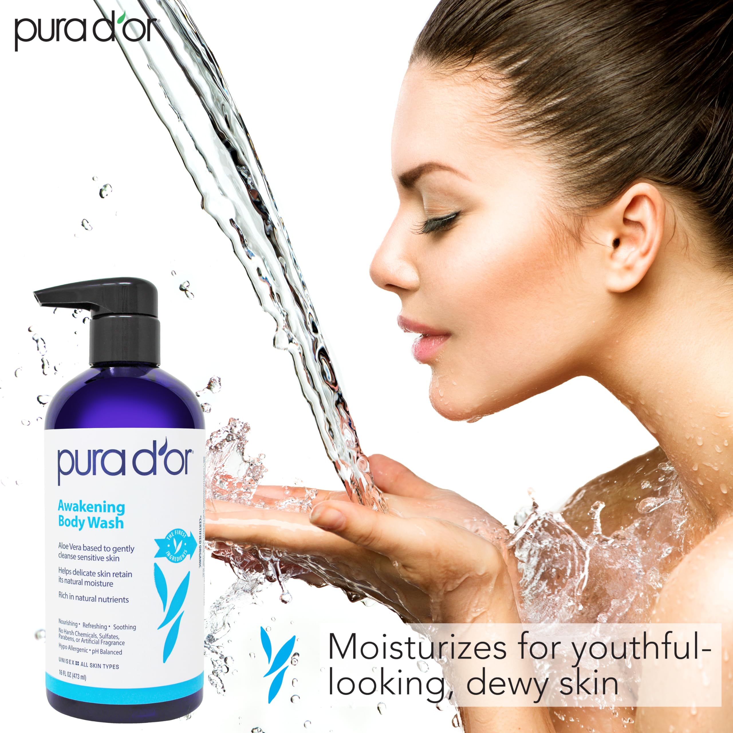 PURA D'OR Awakening bottle with tea tree oil label and natural nutrients.