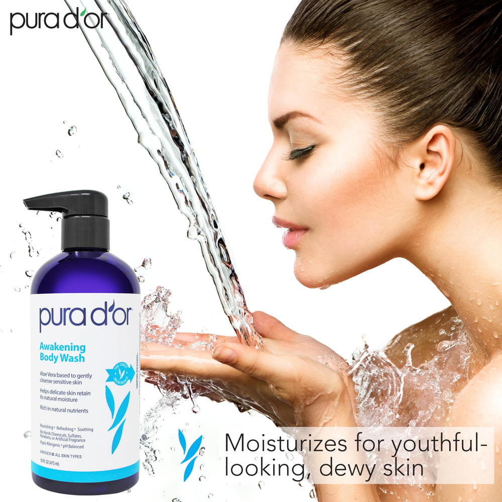 PURA D'OR Awakening bottle with tea tree oil label and natural nutrients.