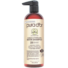 PURA D'OR Biotin Shampoo bottle showing premium formula for fuller-looking hair, suitable for daily scalp care.