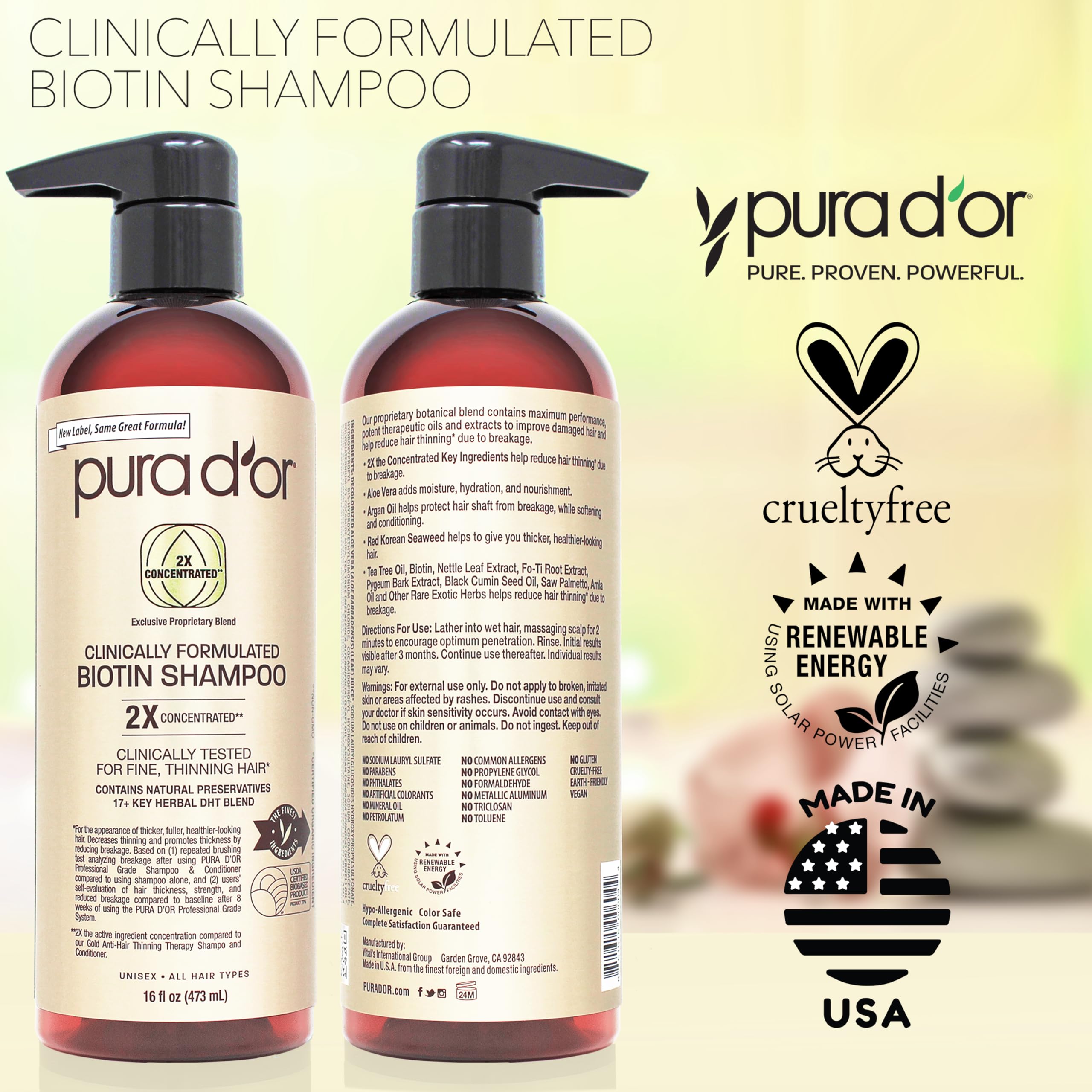 PURA D'OR packaging displays cruelty-free symbol for ethical hair care.
