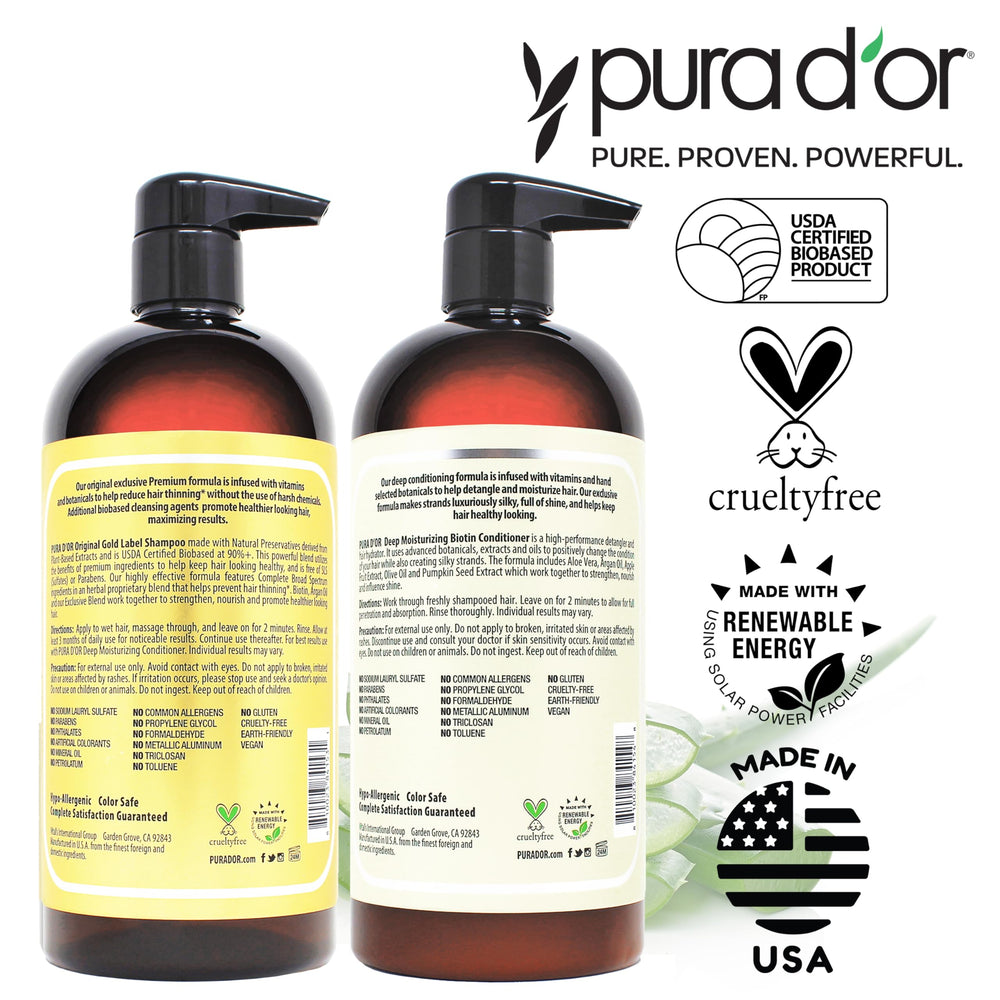 PURA D'OR etiqueta sin sulfatos y sin parabenos, cuidado suave para el cabello