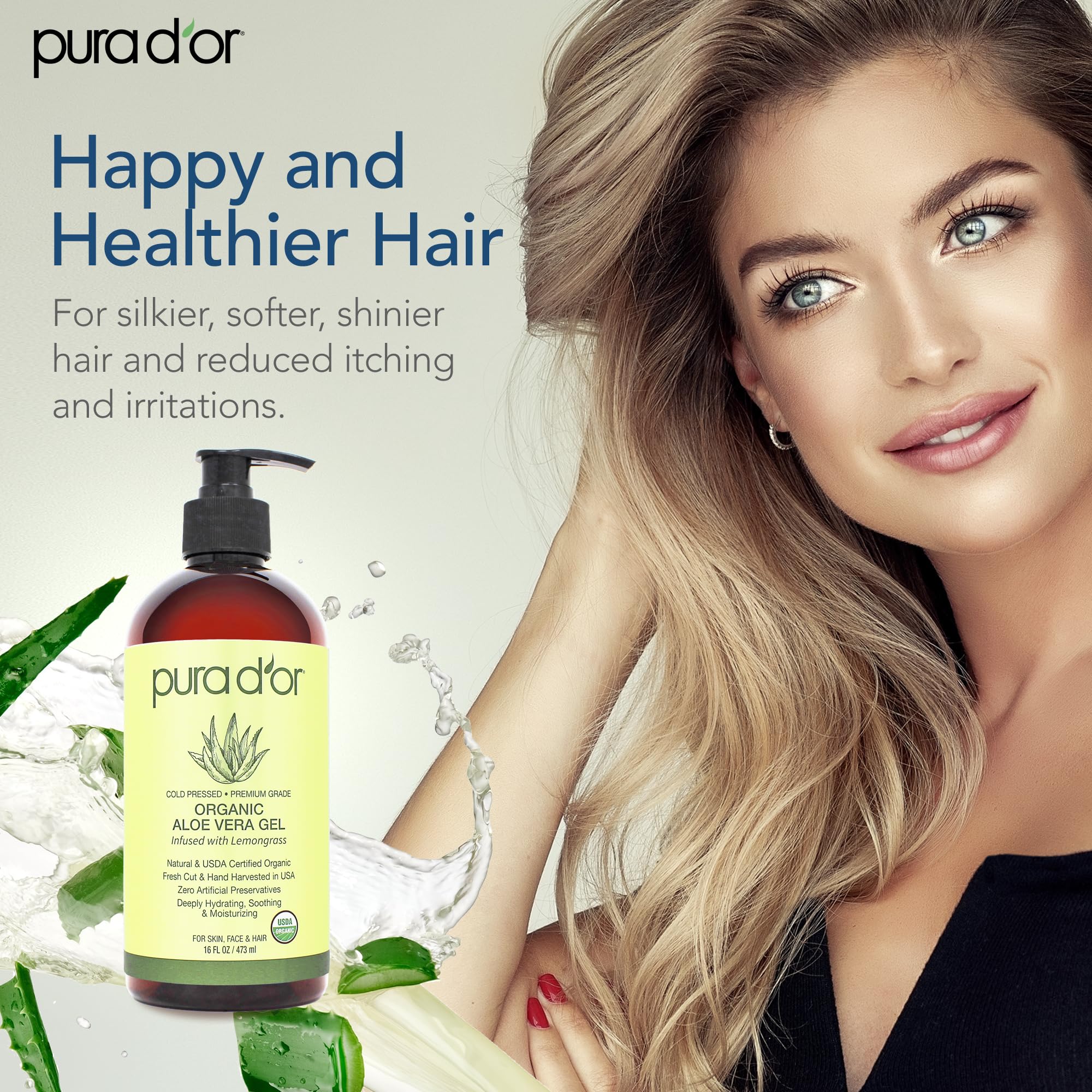 PURA D'OR gel aloe vera, cuida cabello y cuero cabelludo.