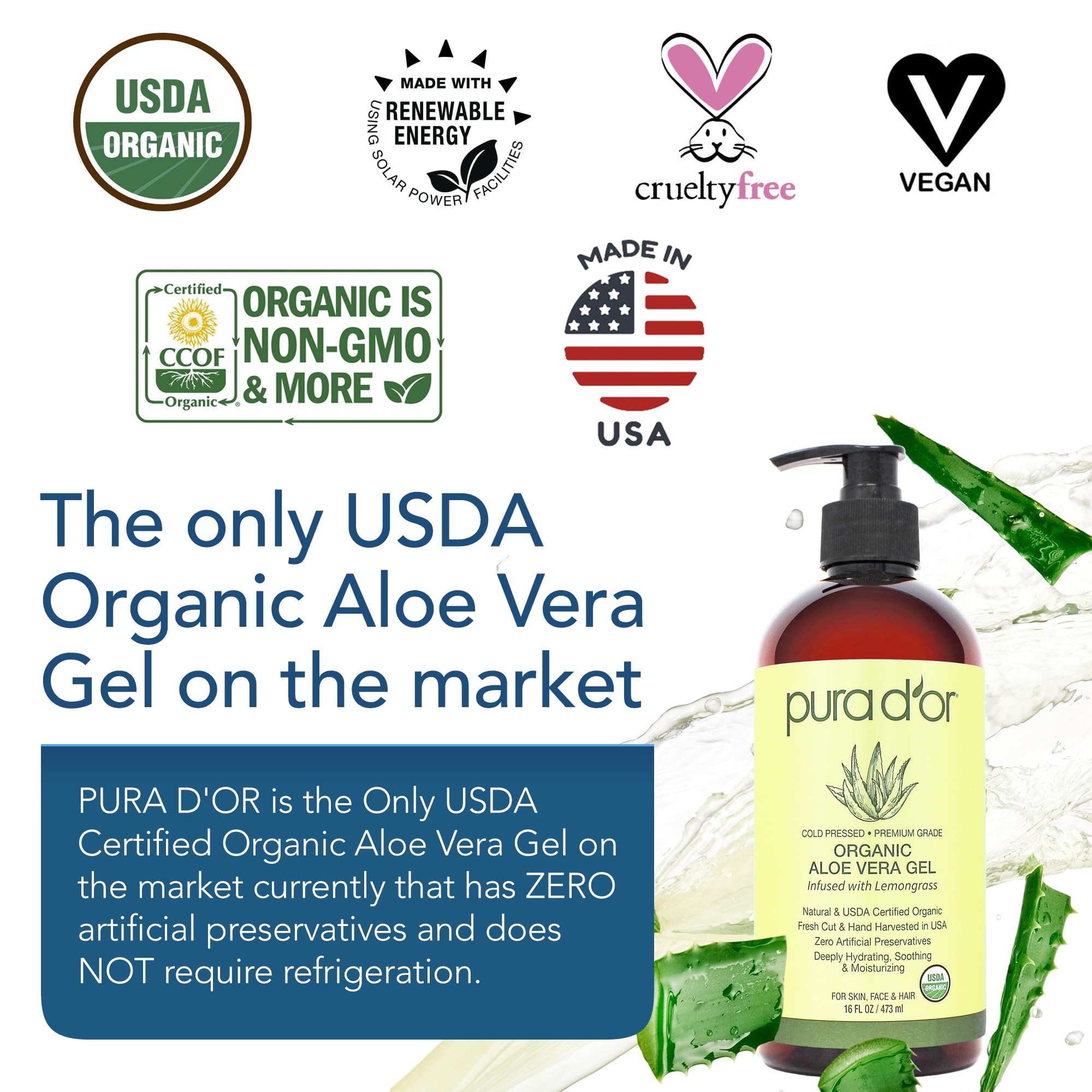 PURA D'OR gel aloe vera, textura hidratante para piel y cabello.