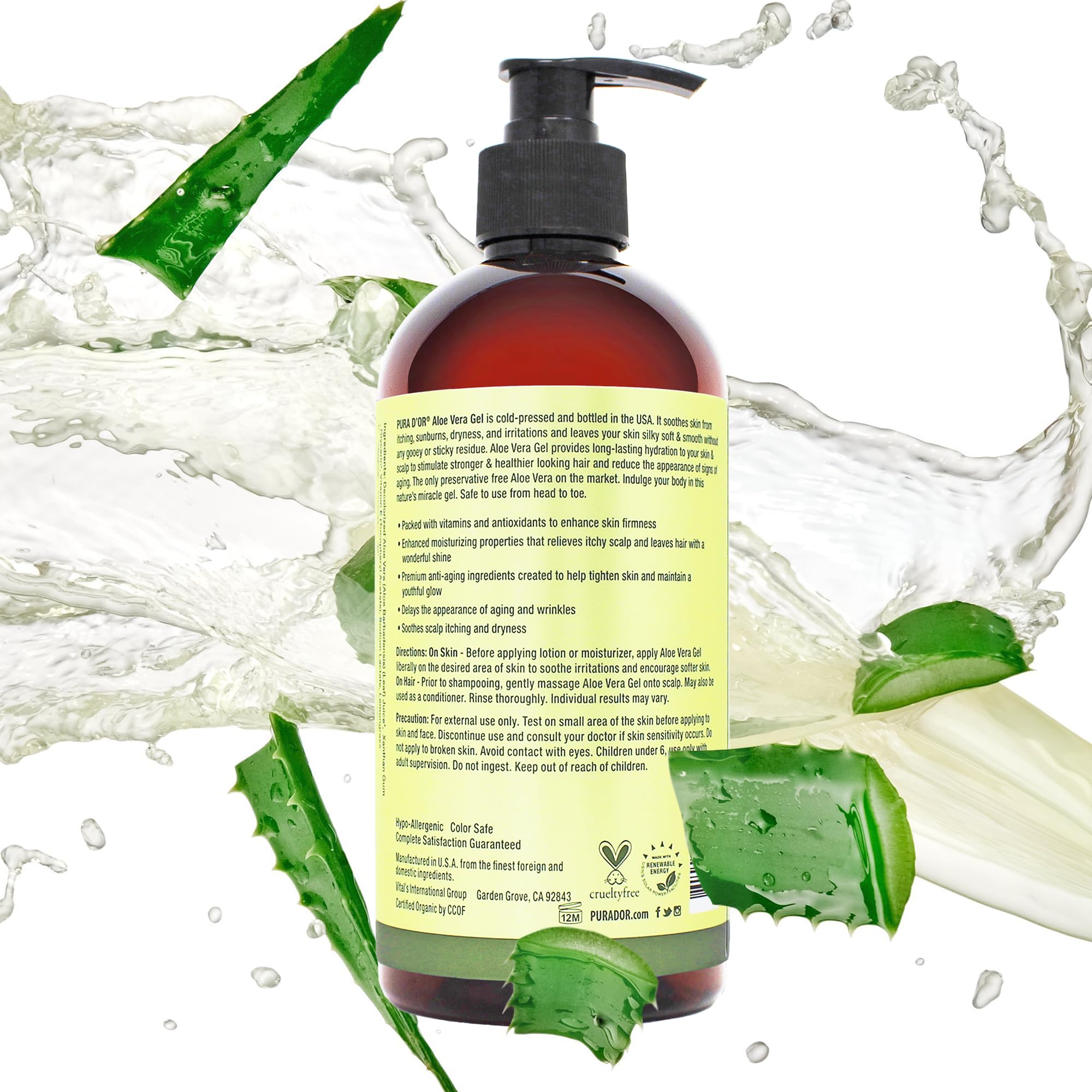 PURA D'OR gel aloe vera uso diario para piel suave.