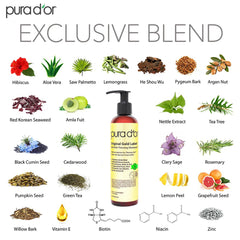 Mezcla botánica de PURA D'OR con ingredientes clave para cuidado capilar