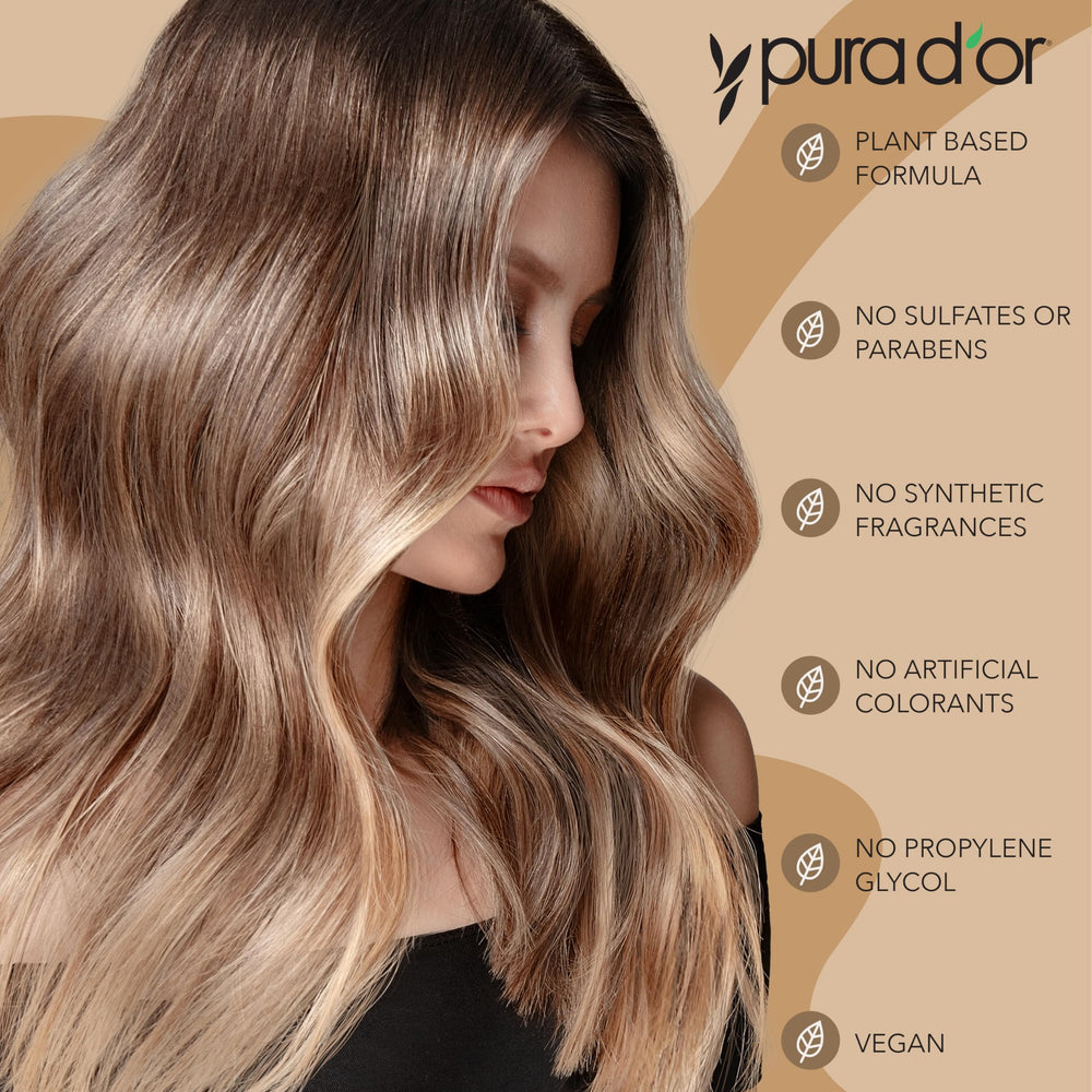 PURA D'OR bottle featuring organic argan oil and vitamin E for scalp moisture.