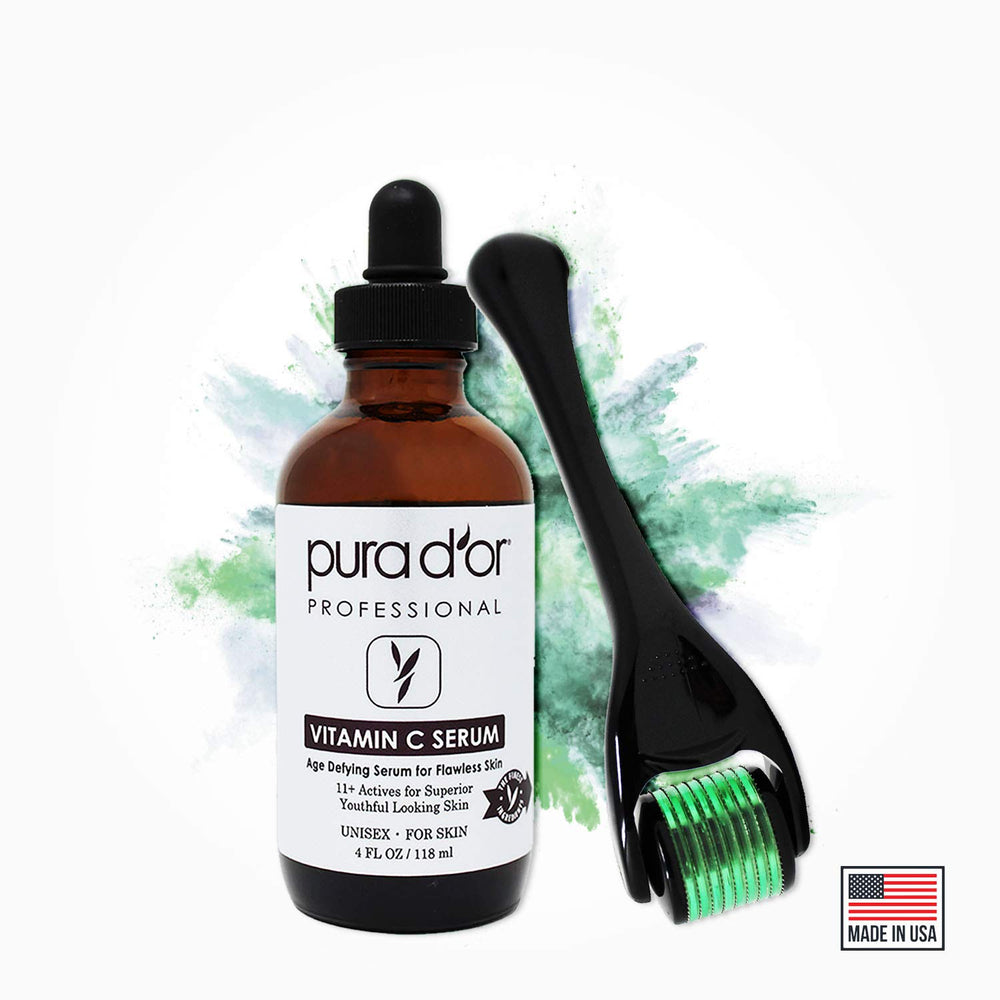 PURA D'OR Piel radiante tras la rutina con vitamina C y rodillo.