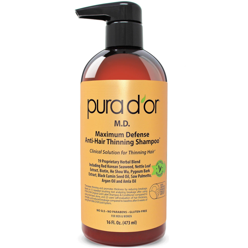 PURA D'OR champú defensa máxima en botella para cabello más grueso.