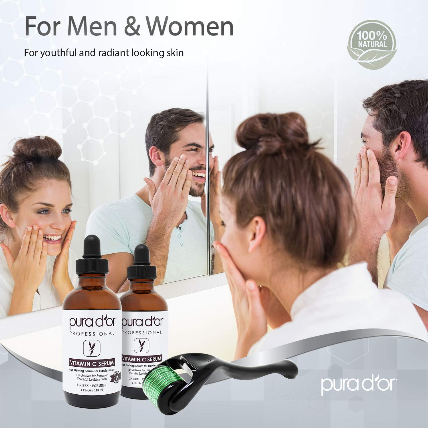 PURA D'OR Suero Vitamina C aplicado en rostro para un aspecto uniforme.