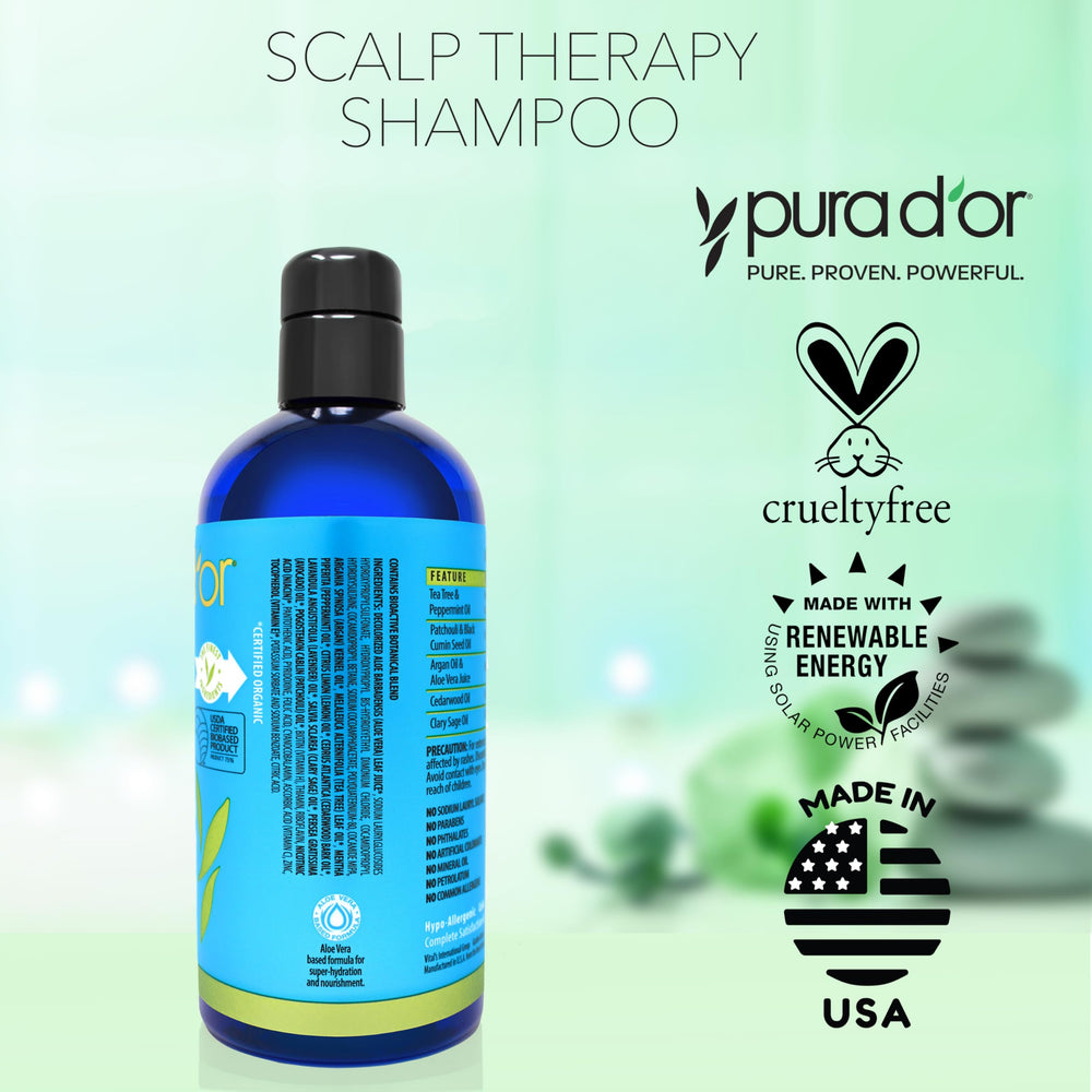 PURA D'OR Scalp Therapy sin parabenos ni sulfatos para cuidado consciente.