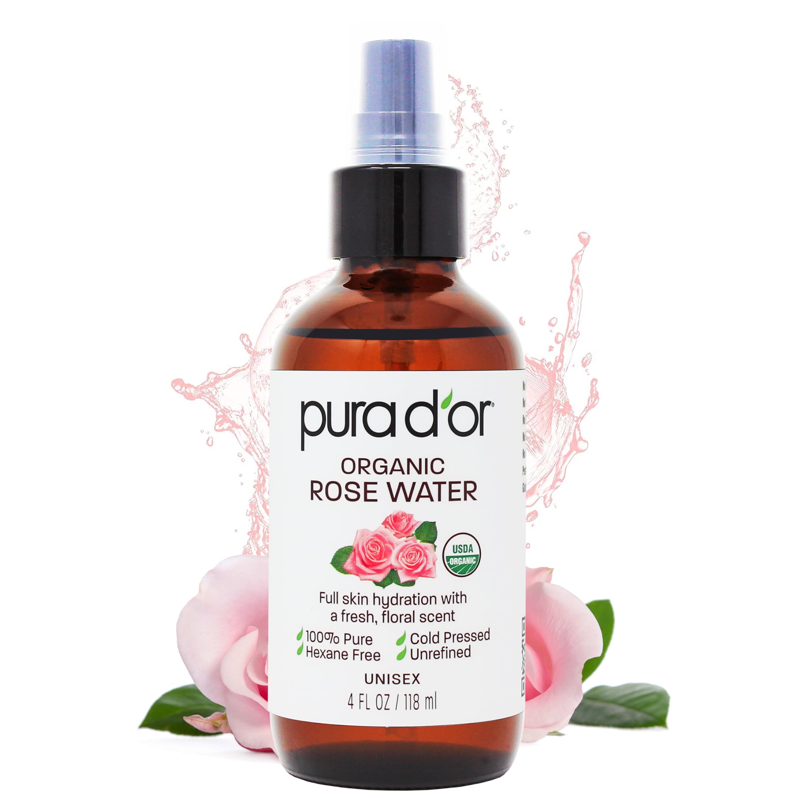 PURA D'OR tonico agua de rosas organica en botella, hidrata suavemente la piel