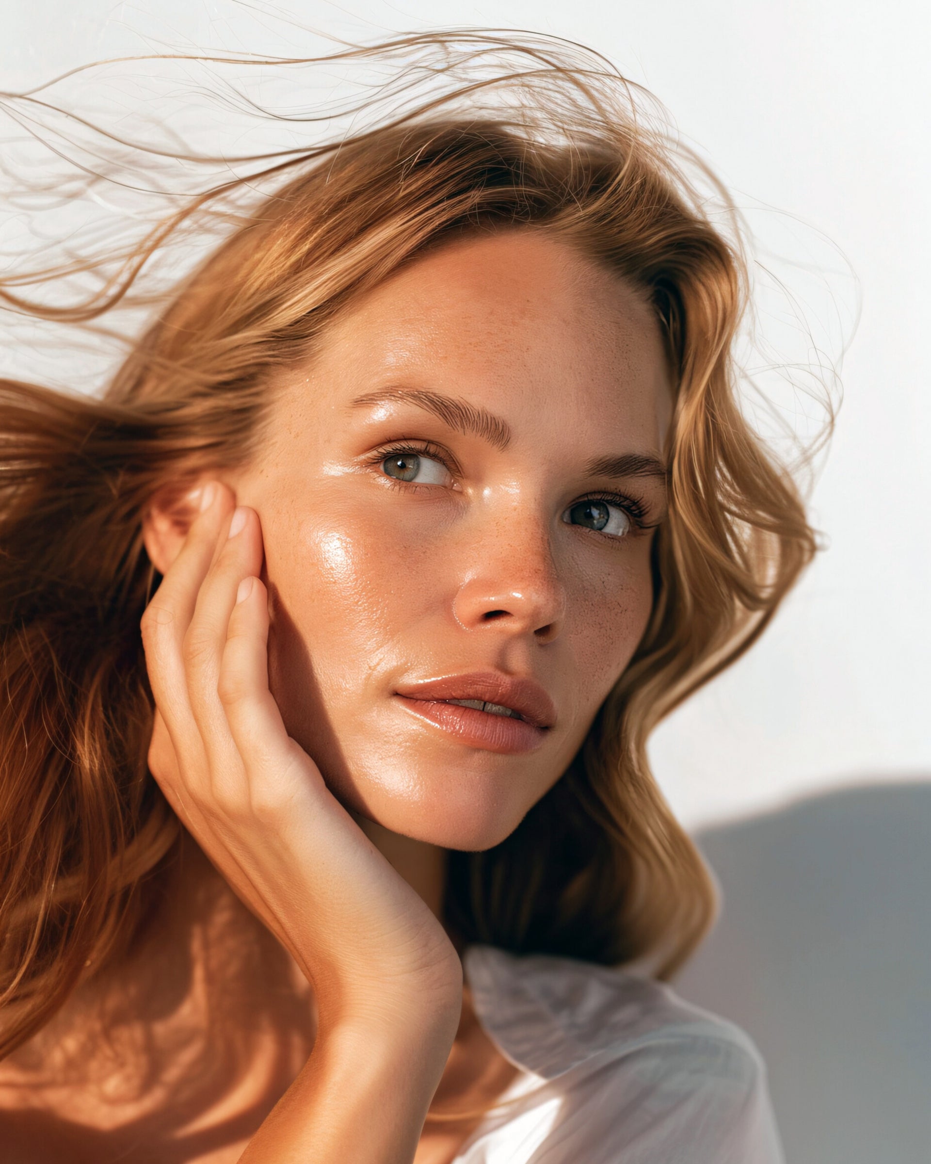 Mujer con piel luminosa y natural tocando su rostro a la luz del día, reflejando la historia de Pura Mexica y su filosofía de belleza honesta, accesible y consciente.