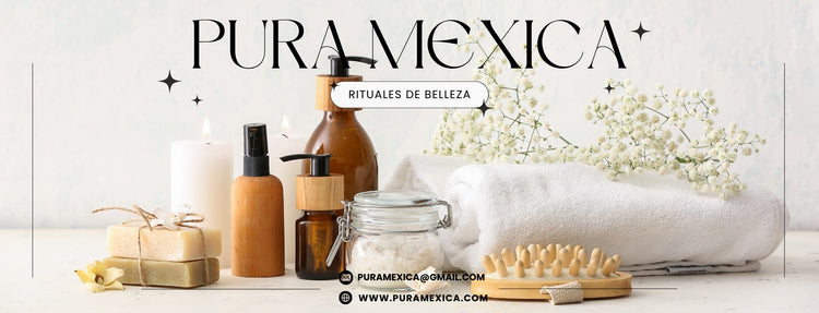 Banner de Pura Mexica con productos de belleza natural, rituales de cuidado personal y cosmética premium para piel, cabello y bienestar diario.
