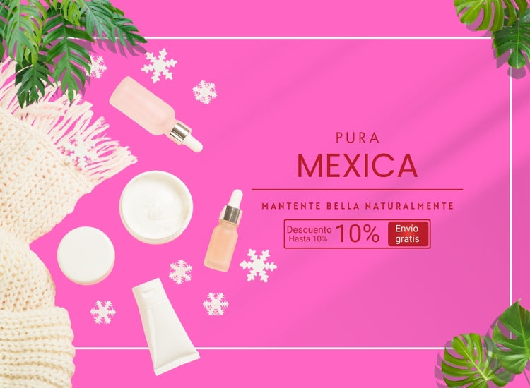 Banner móvil de Pura Mexica con productos de belleza natural, cuidado de la piel premium y promoción con envío gratis en México.