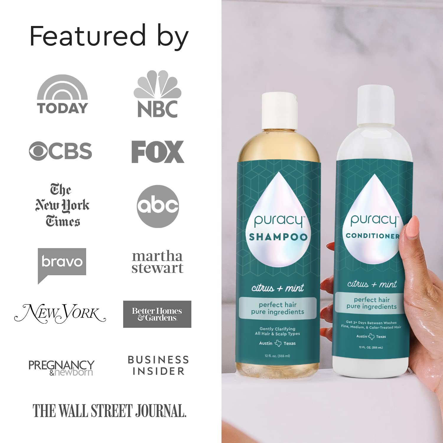Puracy Acondicionador: ingredientes puros, etiqueta clara para cabello sensible.