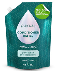 Puracy Acondicionador, botella visible; mejora suavidad y brillo en cabello fino.