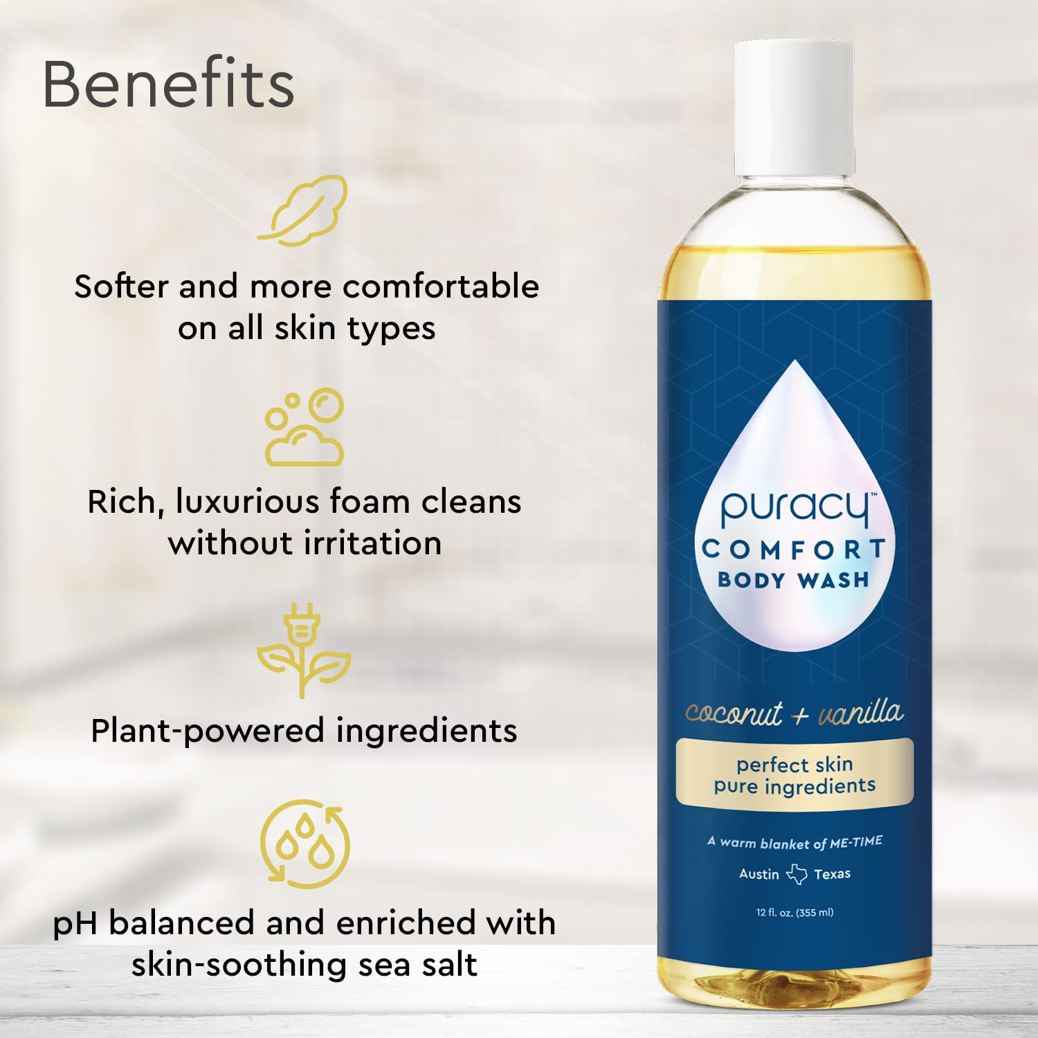 Puracy gel de baño, primer plano de coco y vainilla, experiencia aromática suave