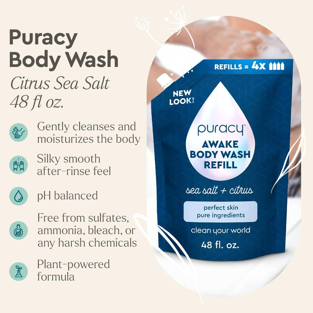 Puracy Gel Douche: bouteille verte et étiquette naturelle évoquant un parfum frais.