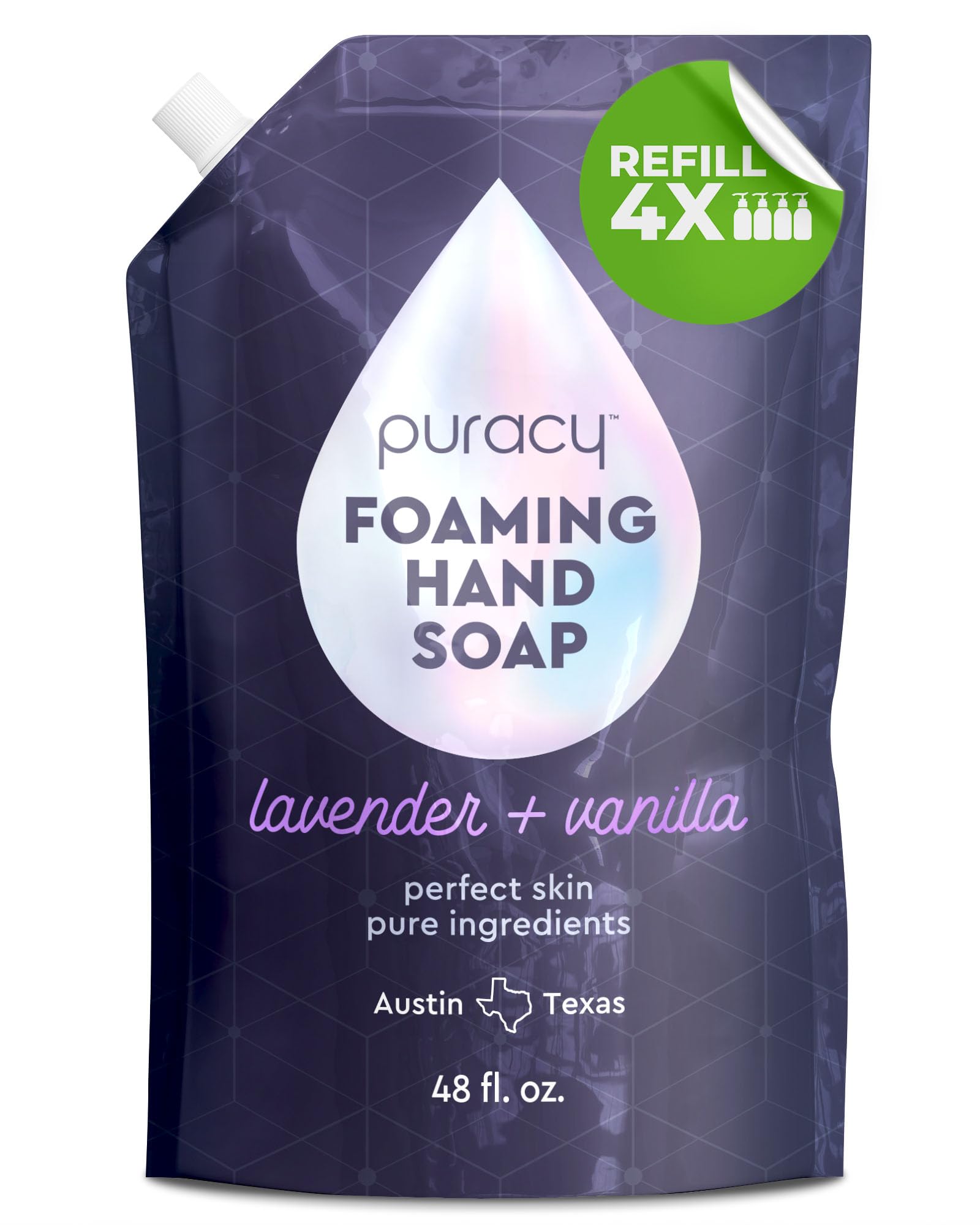 Puracy jabón manos espumoso lavanda-vanilla en botella, espuma suave para uso diario.
