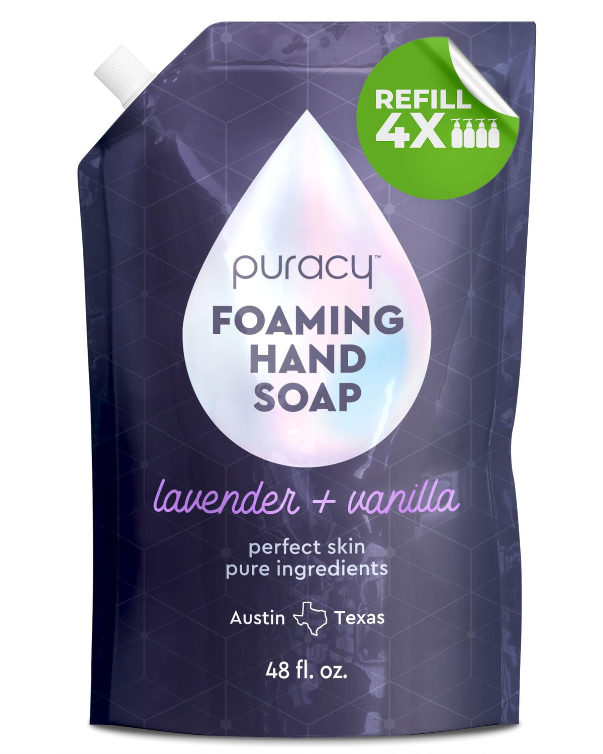 Puracy jabón manos espumoso lavanda-vanilla en botella, espuma suave para uso diario.