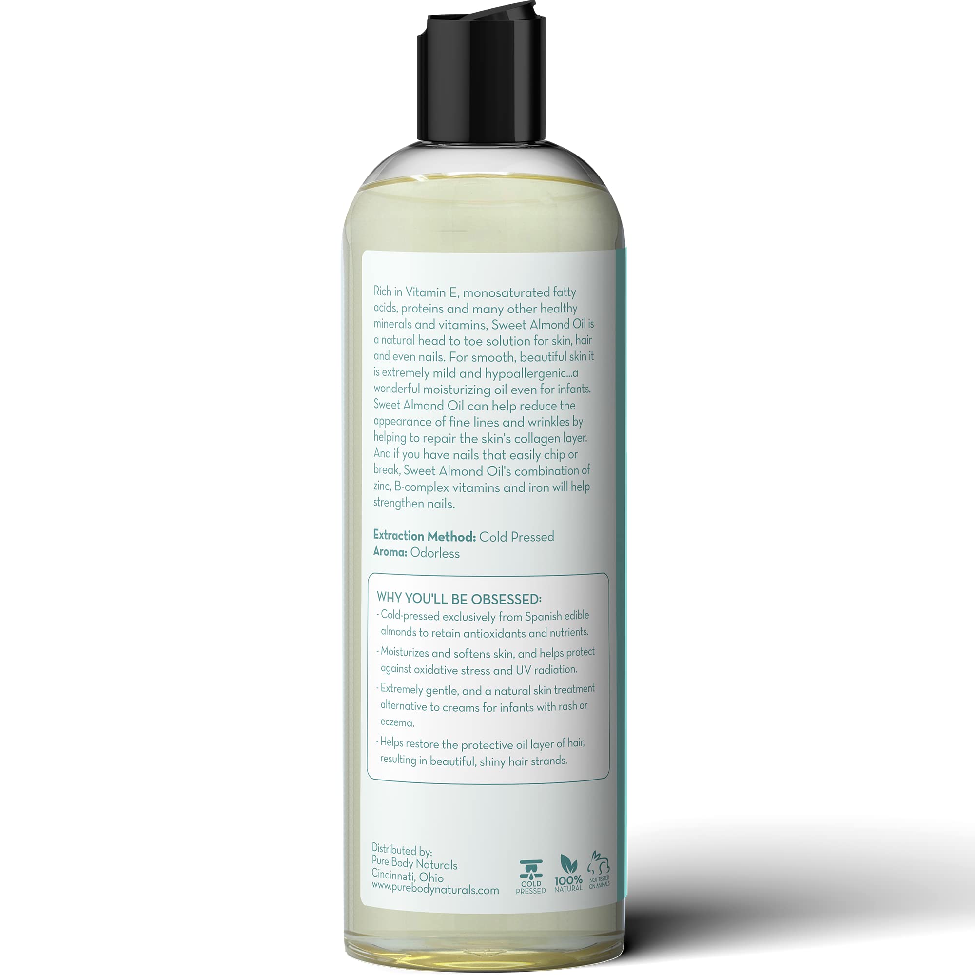 Pure Body Naturals Aceite de Almendra Dulce para masaje, aroma suave.