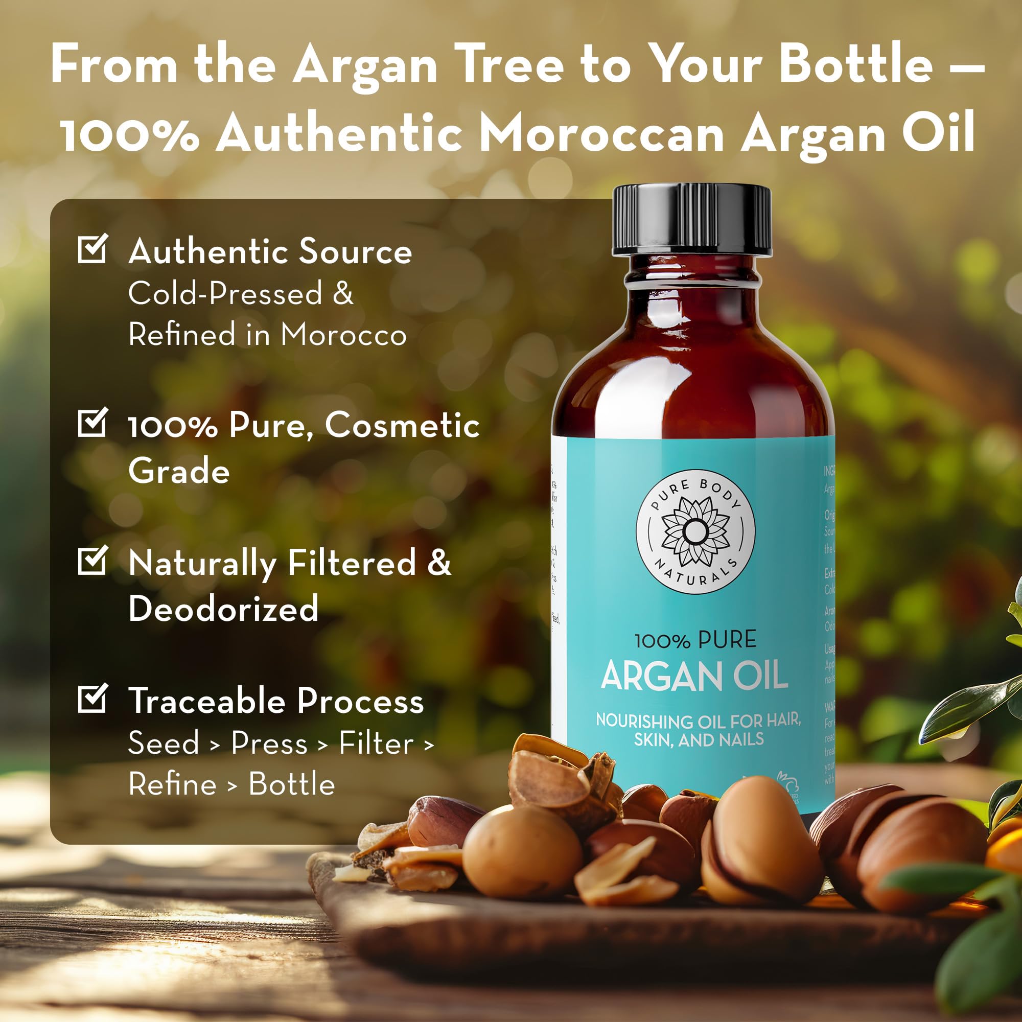 Aceite de Argán Pure Body Naturals, textura ligera para piel y cabello