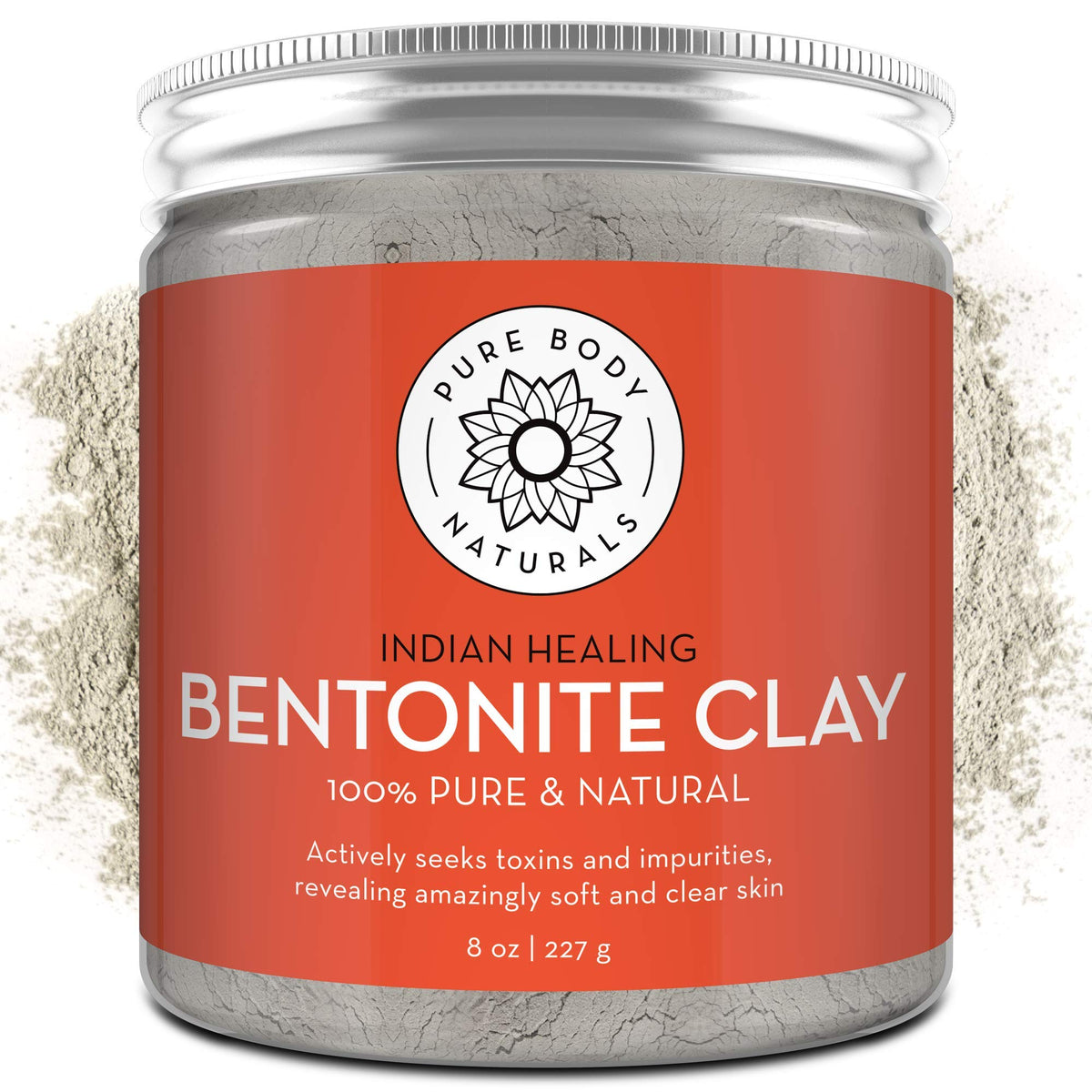 Pure Body Naturals polvo de bentonita en bote para limpieza de poros y detox