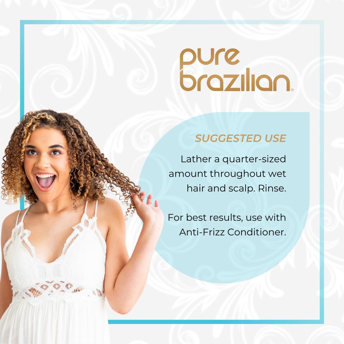 Pure Brazilian Anti-Frizz Shampoing – bouteille, réduit frisottis et facilite le coiffage.