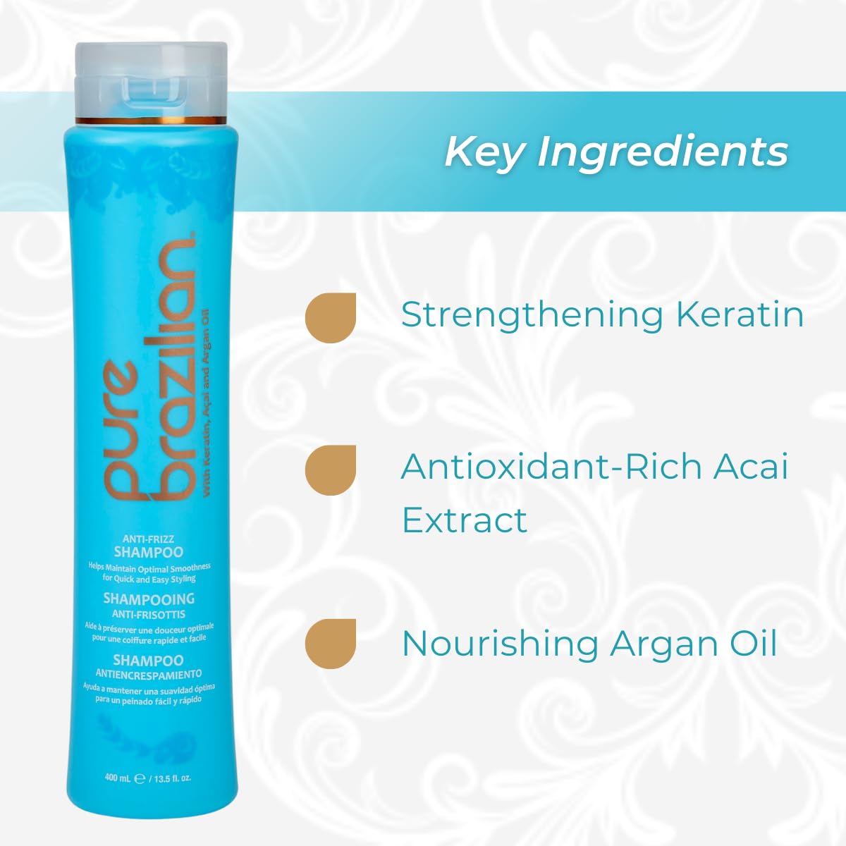 Pure Brazilian Shampoing Argan Acai – bouteille, brillance et vitalité pour les cheveux colorés.