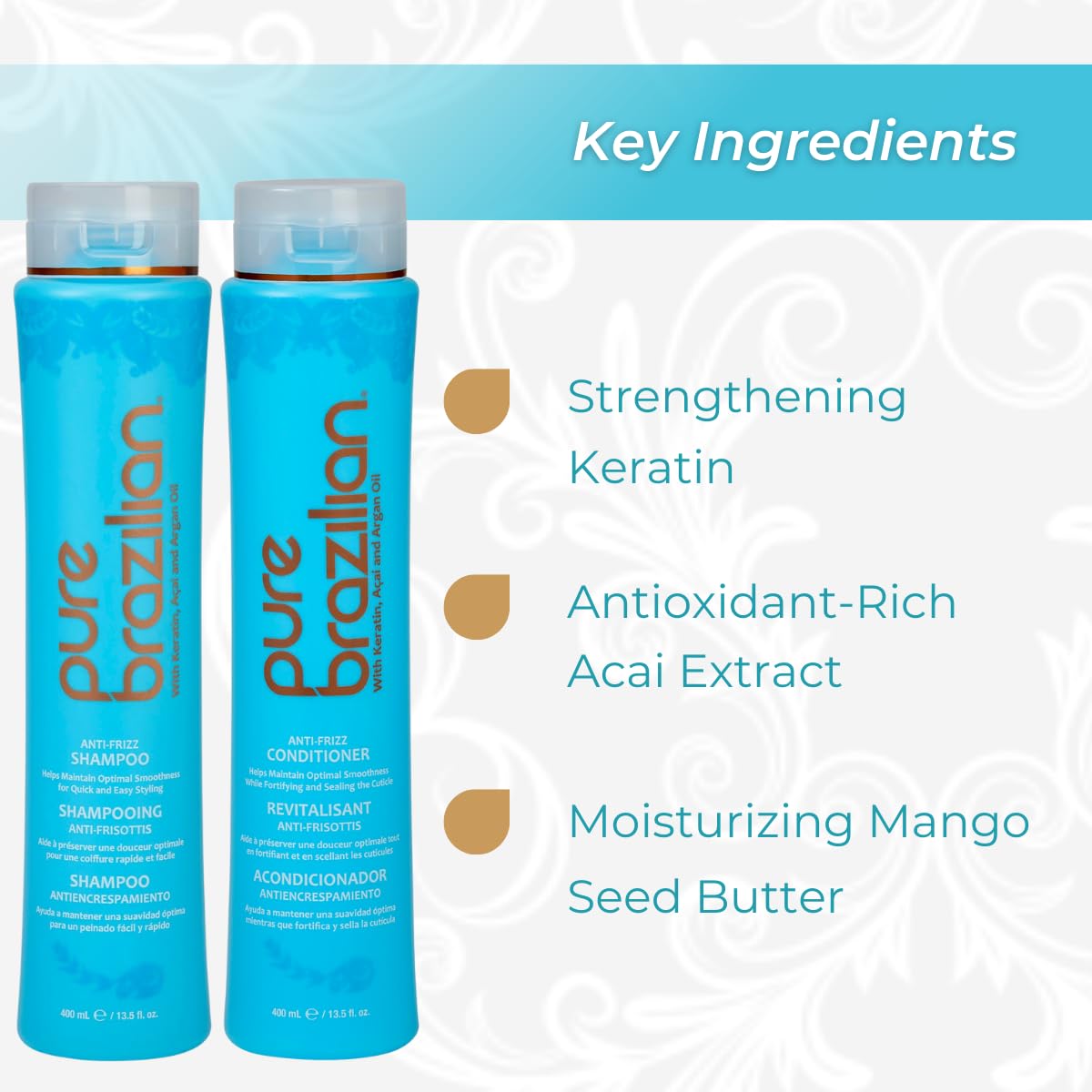 Pure Brazilian Kératine Argan Acai: nourrit et fortifie la fibre capillaire.