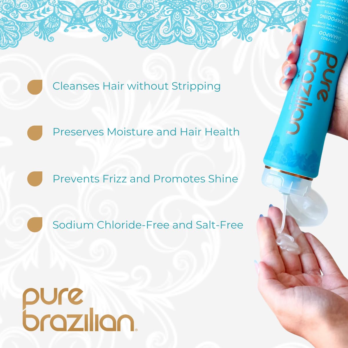 Pure Brazilian Shampoing Kératine Nutrition – bouteille, renforce les cheveux et nourrit en profondeur.