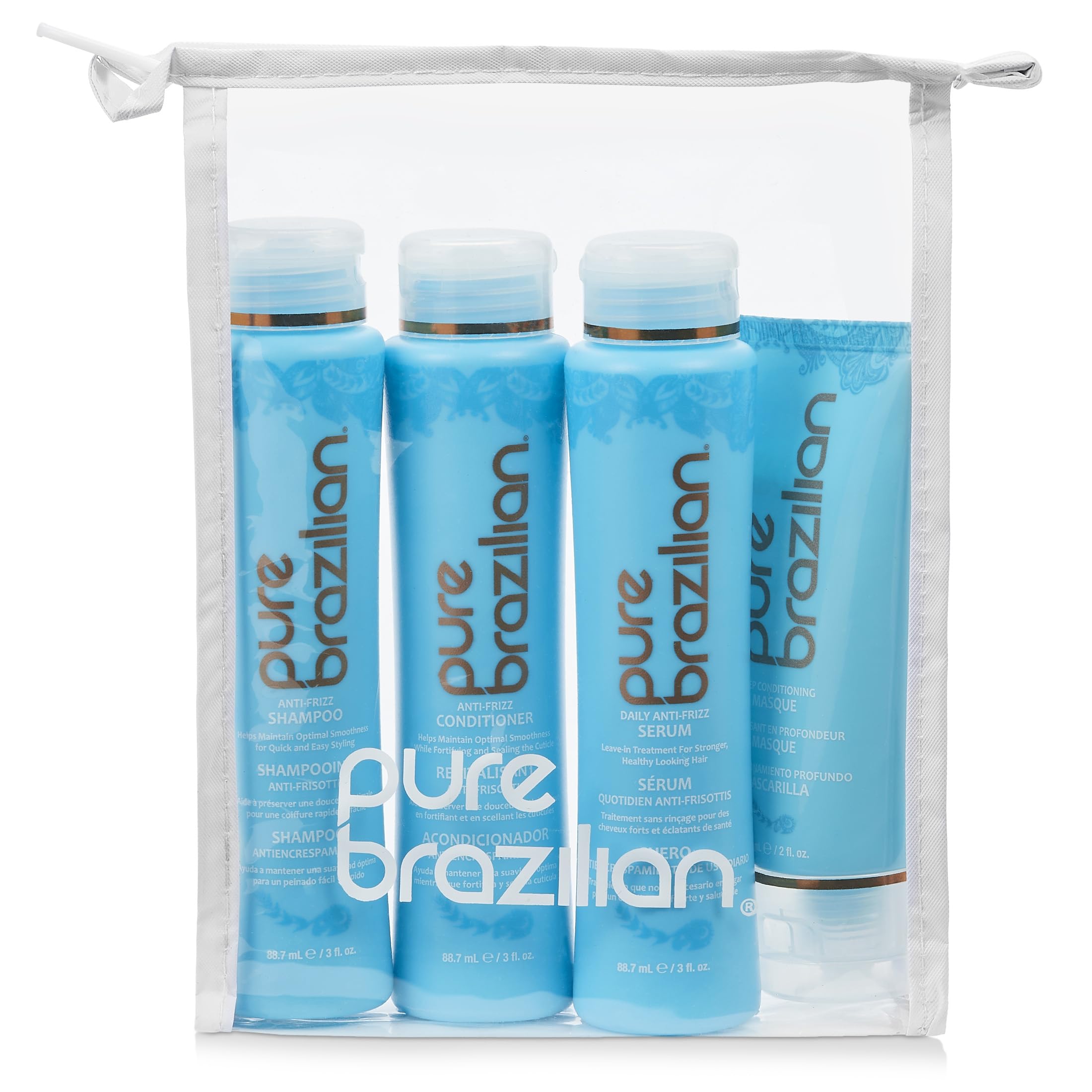 Kit Pure Brazilian: champú antiencrespamiento para viaje, cabello suave.