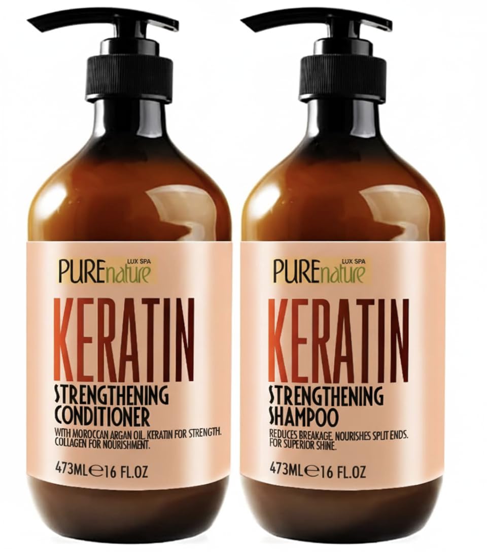 Pure Nature Lux Spa Keratin Shampoo: botellas cercanas y suavidad al tacto