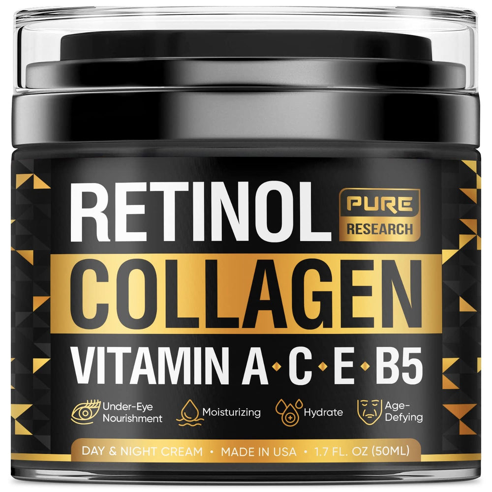 Pure Research crema retinol, botella visible, hidratación suave para piel renovada.