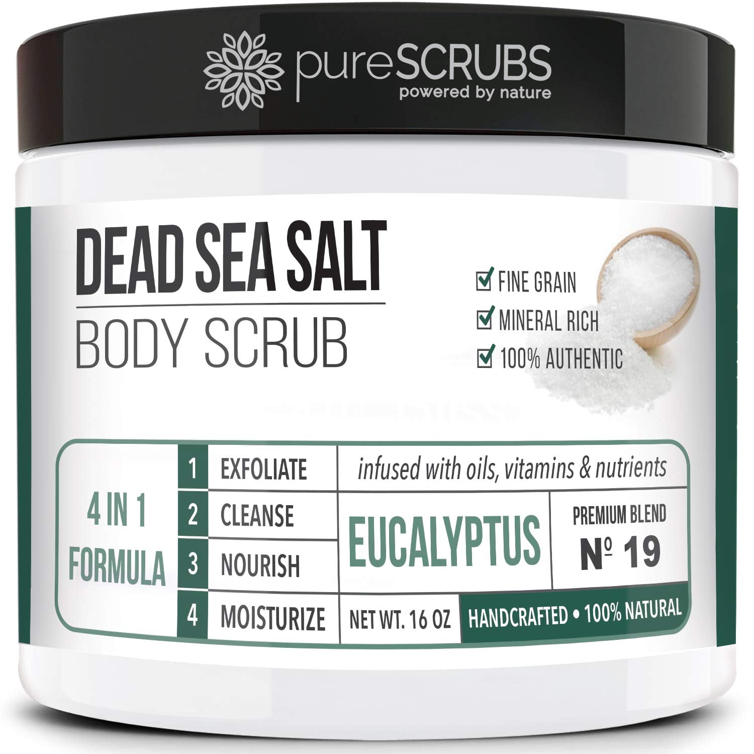 PureSCRUBS frasco de exfoliante de eucalipto para piel suave y radiante.