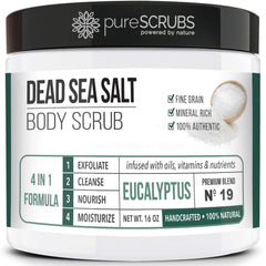 PureSCRUBS frasco de exfoliante de eucalipto para piel suave y radiante.