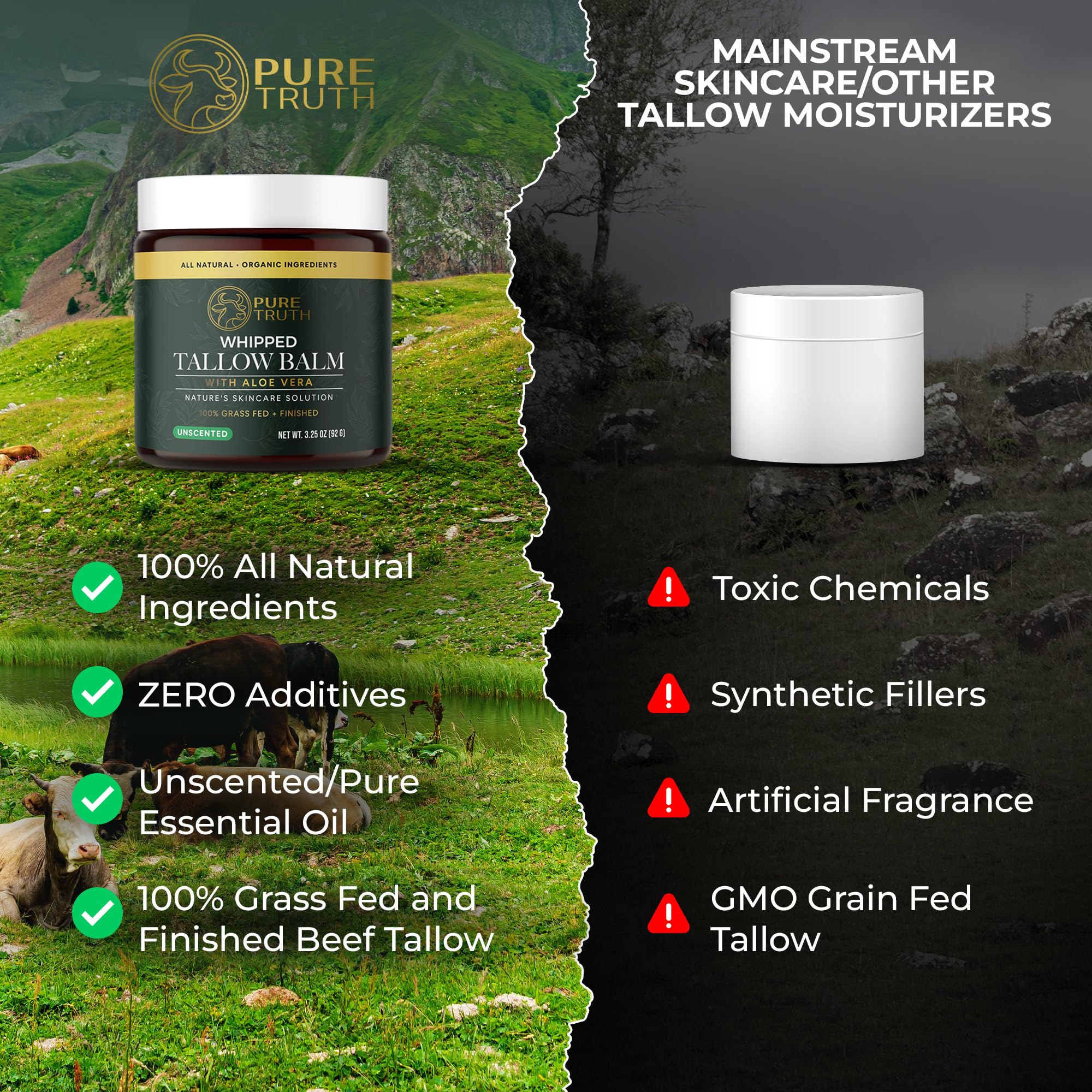 Ingrédients naturels : miel, aloe vera et huile de jojoba avec le suif de boeuf Pure Truth.