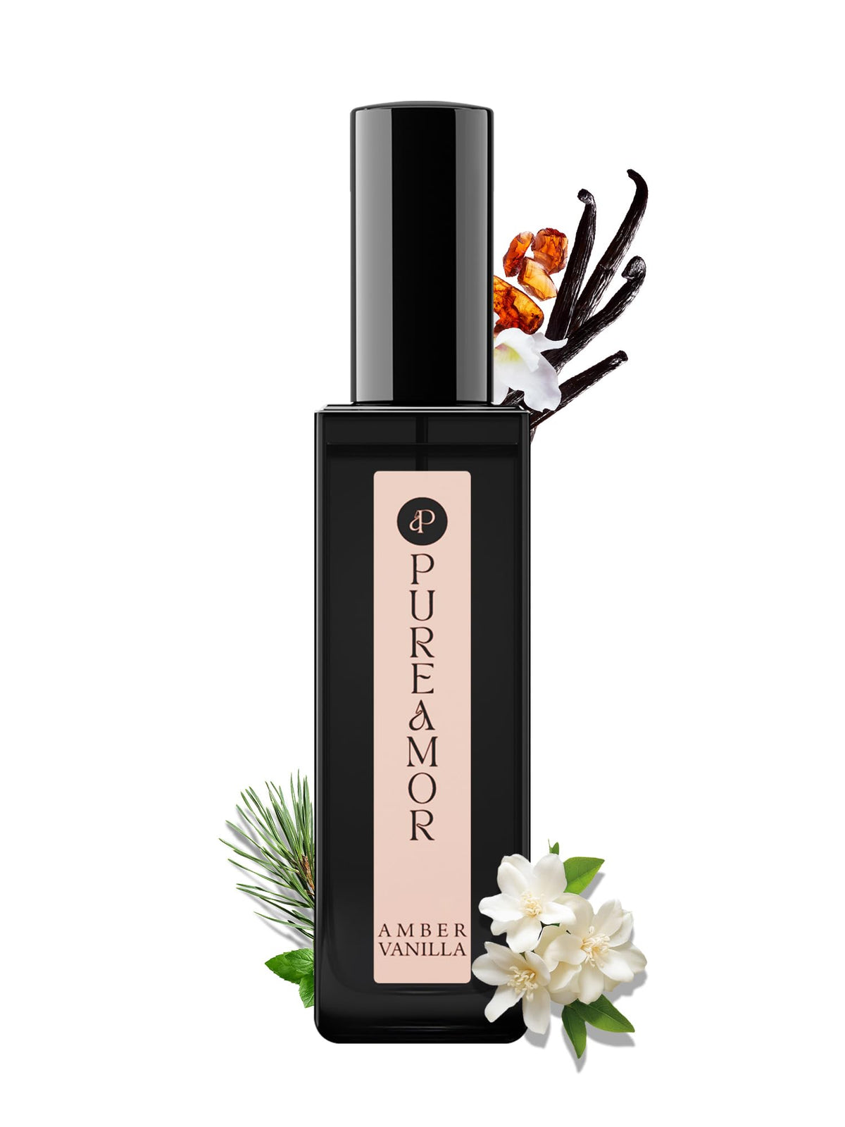 PUREAMOR Amber Vanilla: frasco elegante para mujer, aroma duradero y envolvente.