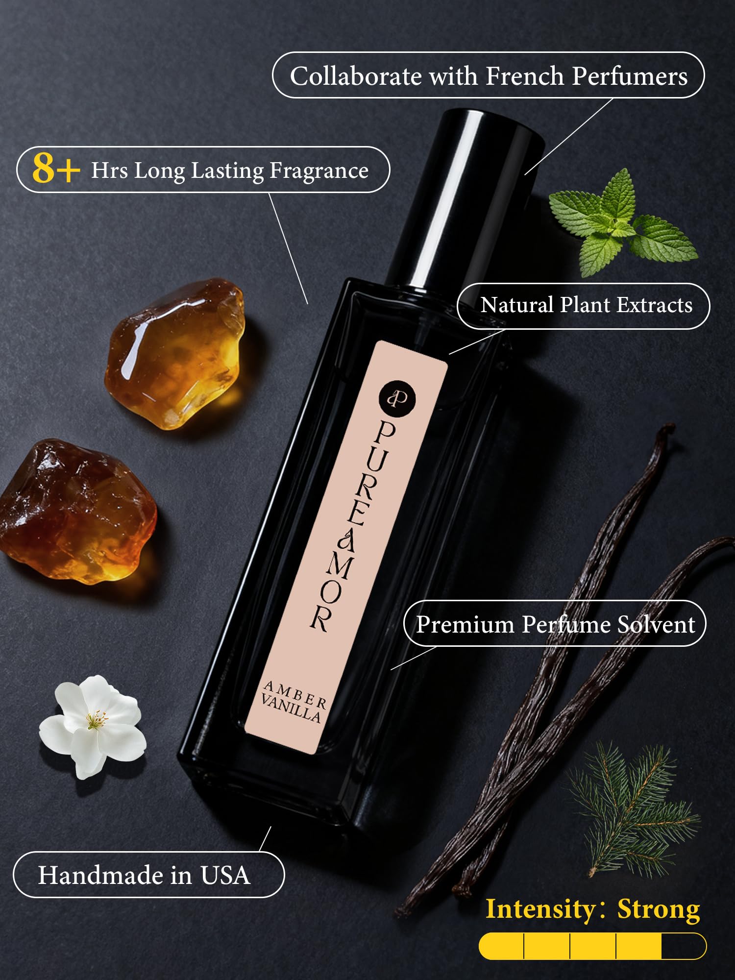 PUREAMOR Amber Vanilla: rociador portatil para viajes, evita derrames.