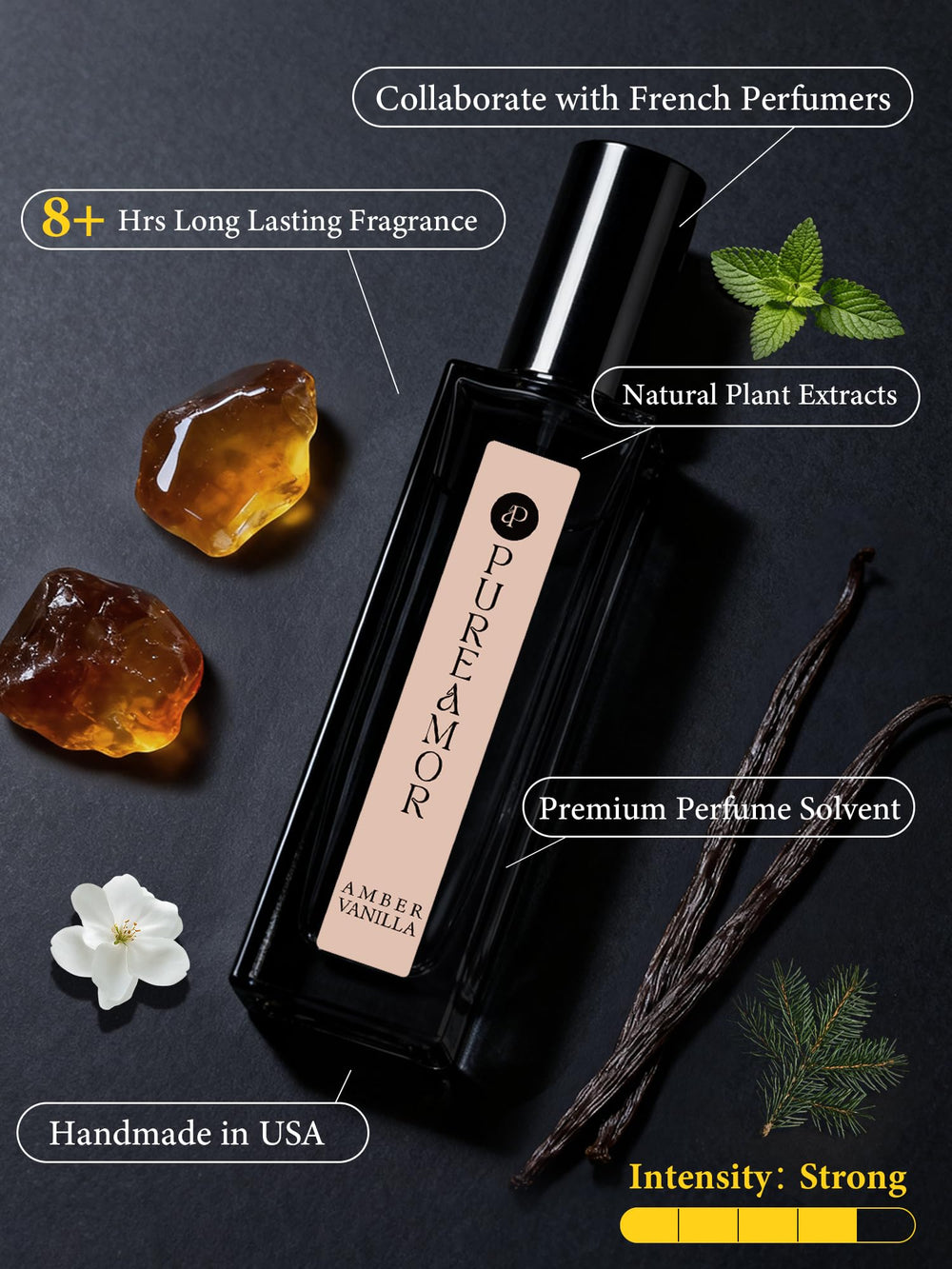 PUREAMOR Amber Vanilla: rociador portatil para viajes, evita derrames.