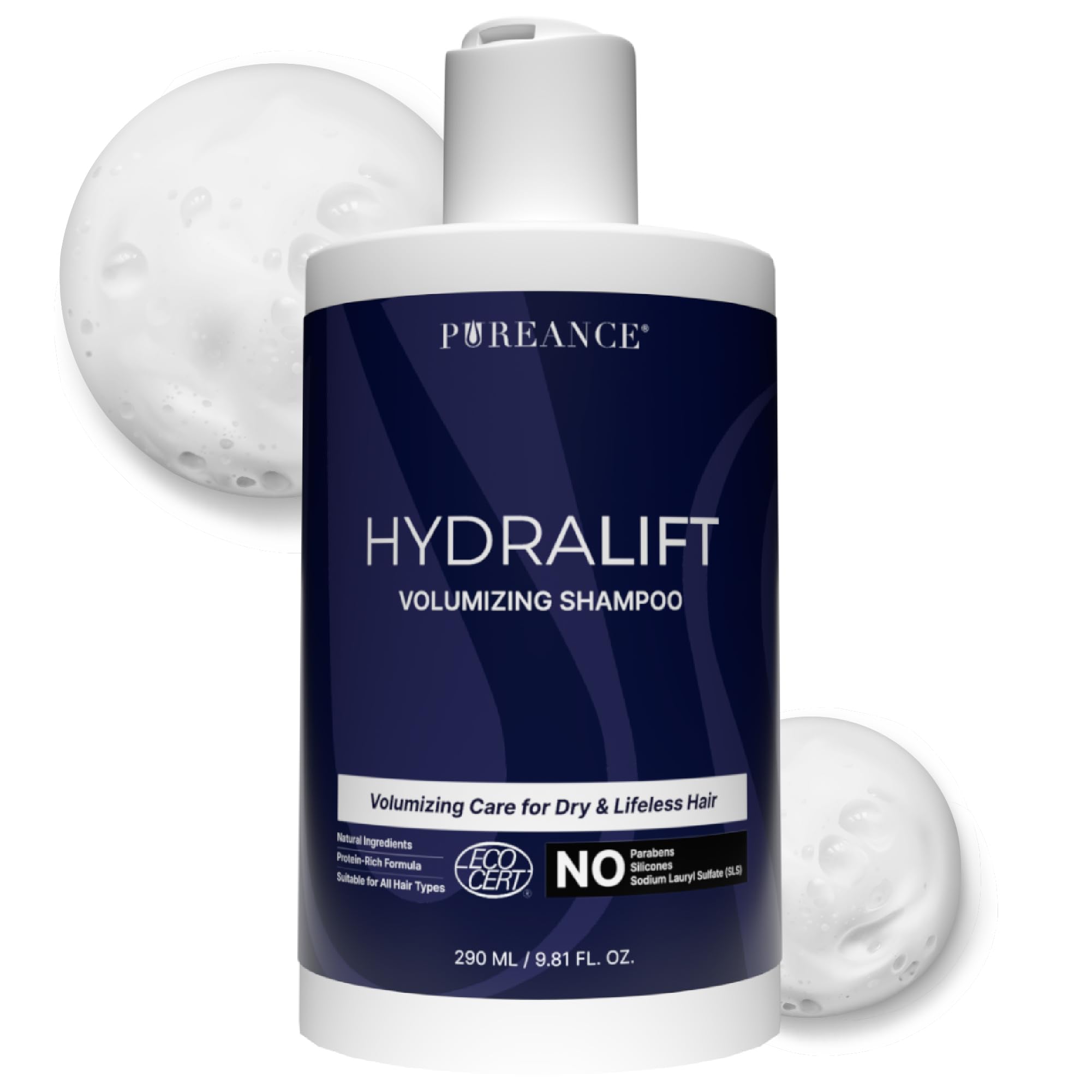 Pureance Hydralift: botella de champú voluminizante para cabello fino, cuerpo y brillo.